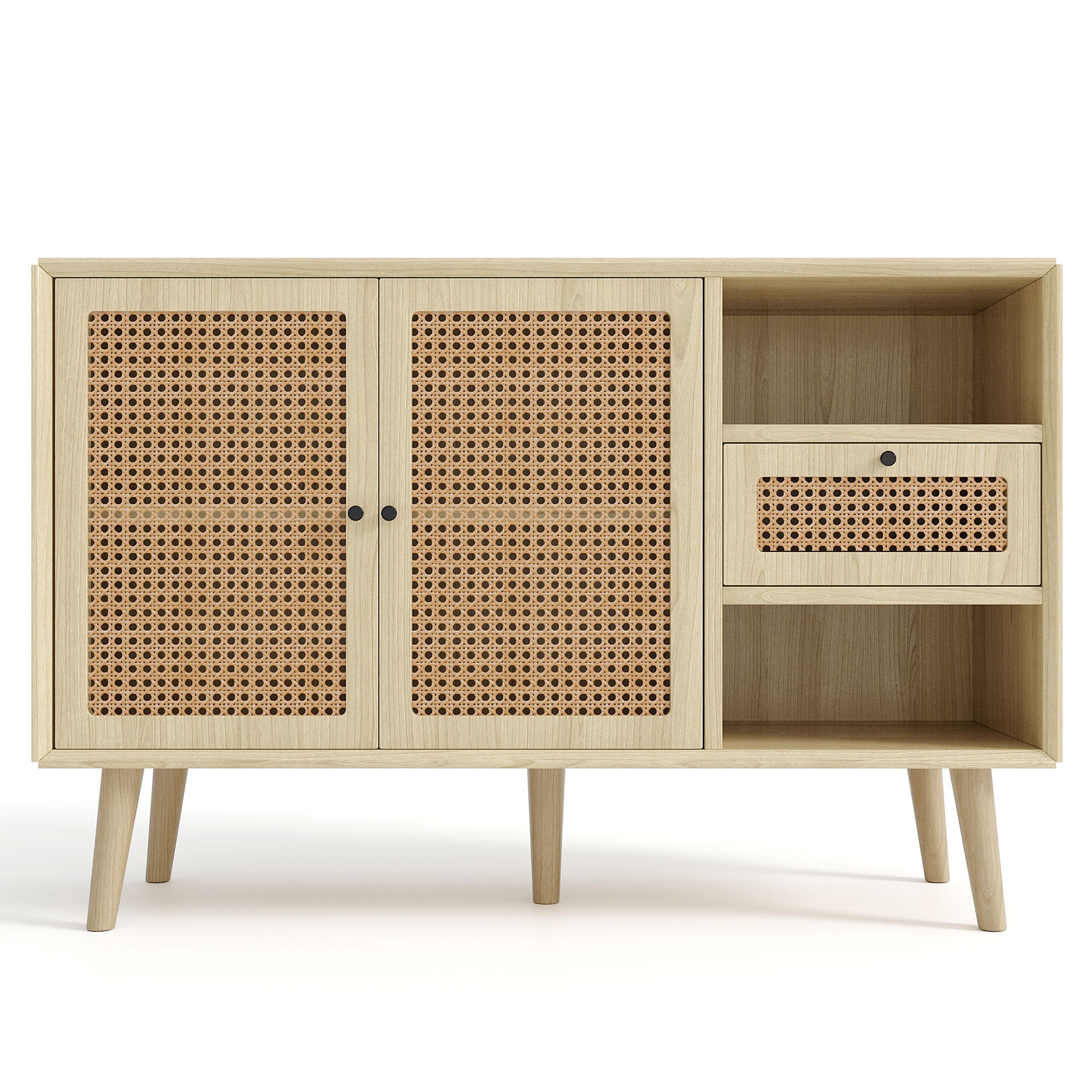 Sideboard with 1 Drawer 2 Rattan Magnetic Doors Adjustable Shelves, Oak