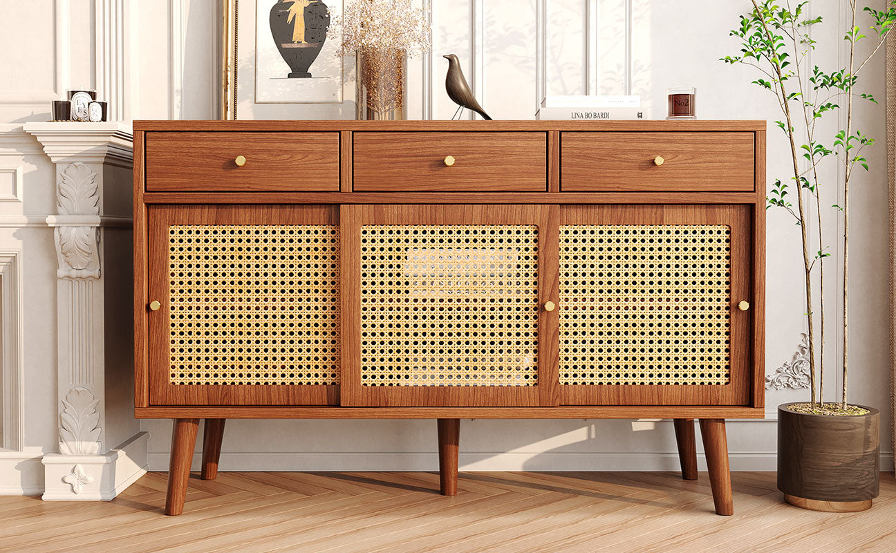 Sideboard 3 Drawer 3 Sliding Door Rattan Weave - Walnut