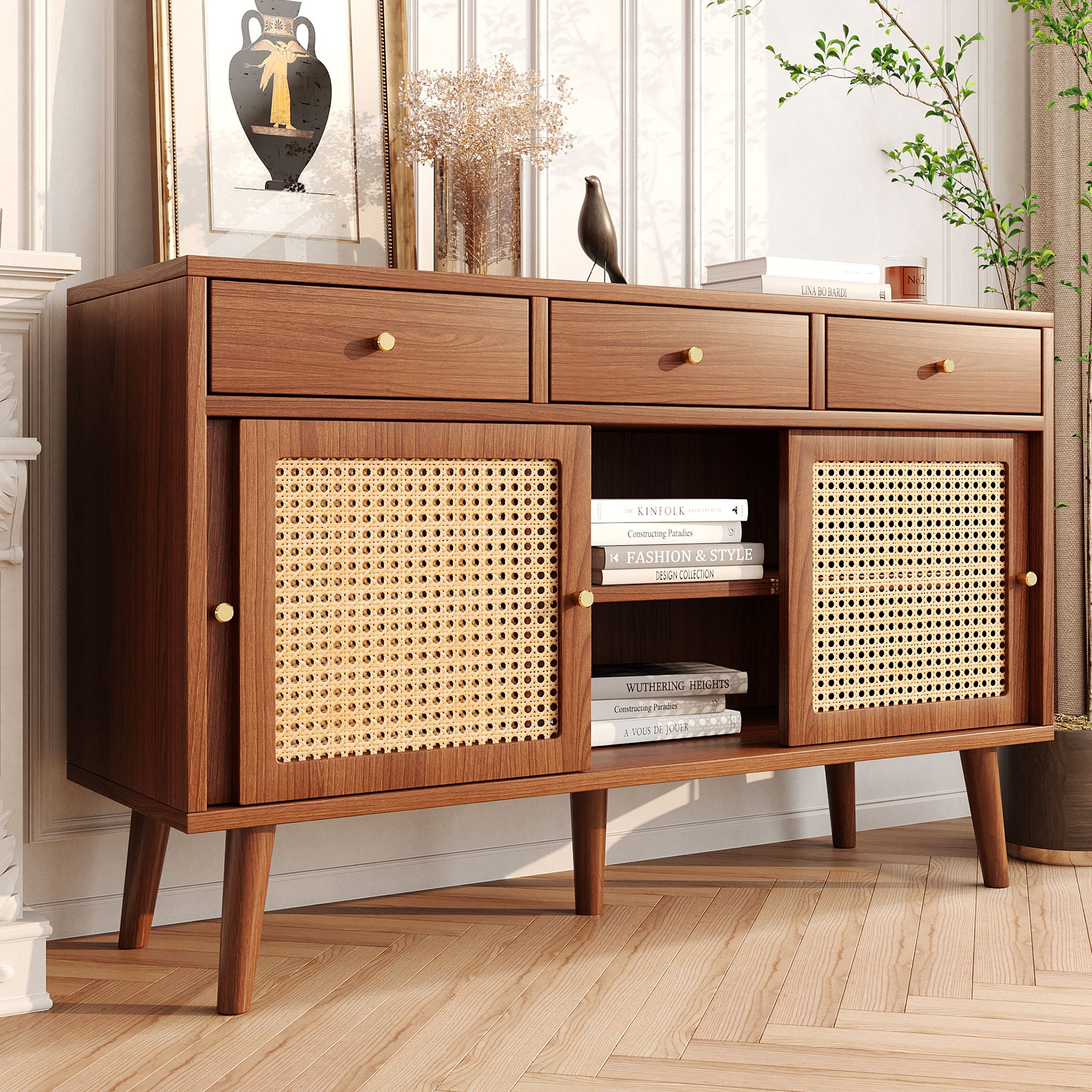 Sideboard 3 Drawer 3 Sliding Door Rattan Weave - Walnut
