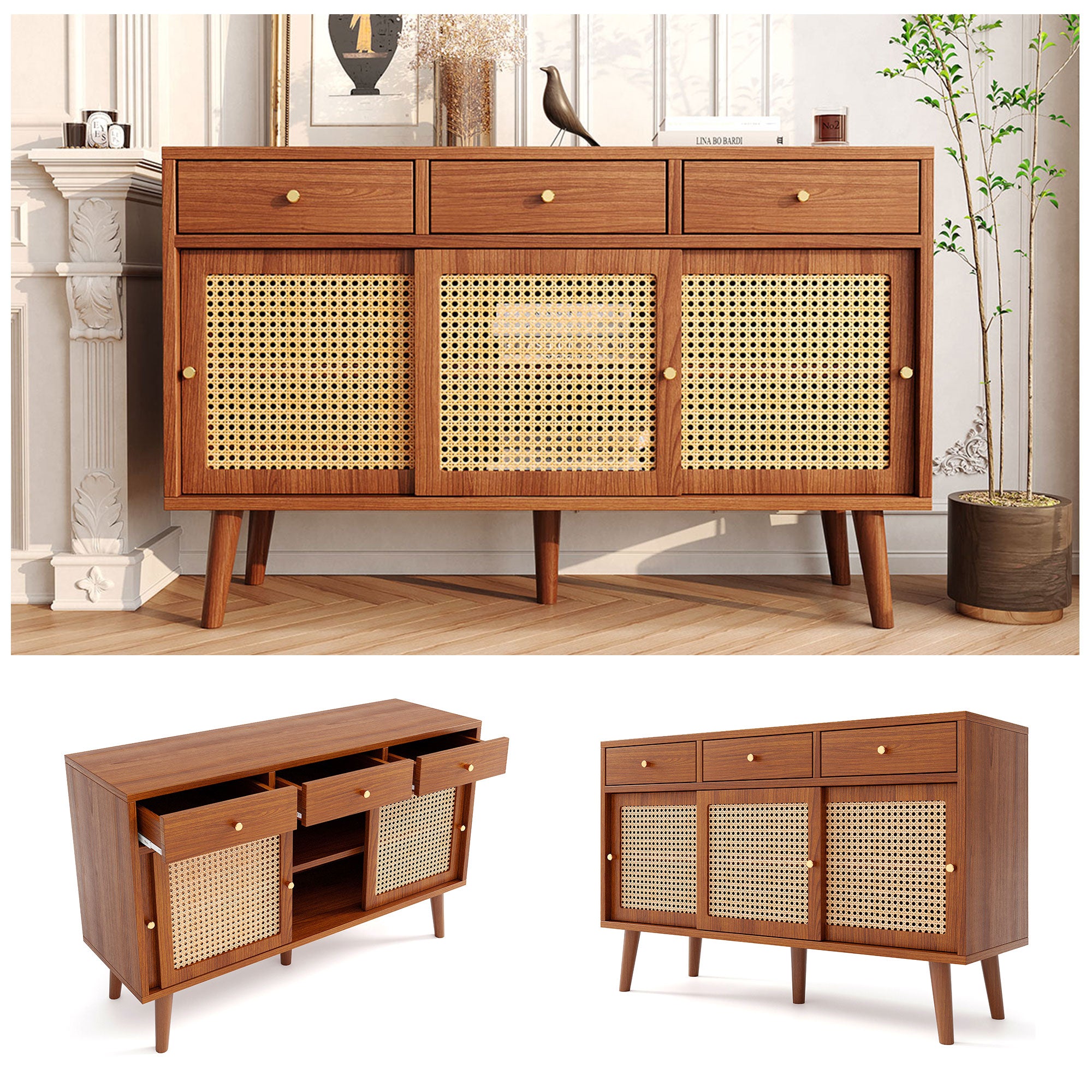 Sideboard 3 Drawer 3 Sliding Door Rattan Weave - Walnut