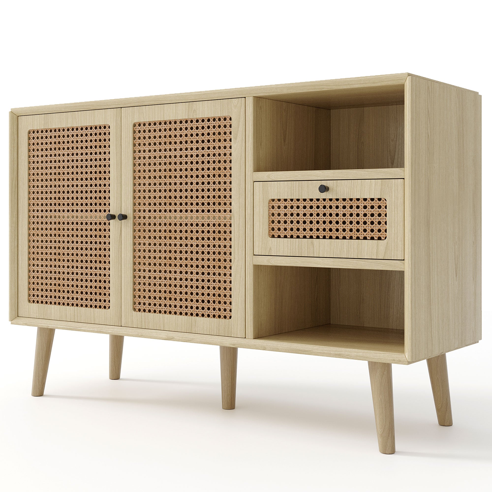 Sideboard with 1 Drawer 2 Rattan Magnetic Doors Adjustable Shelves, Oak