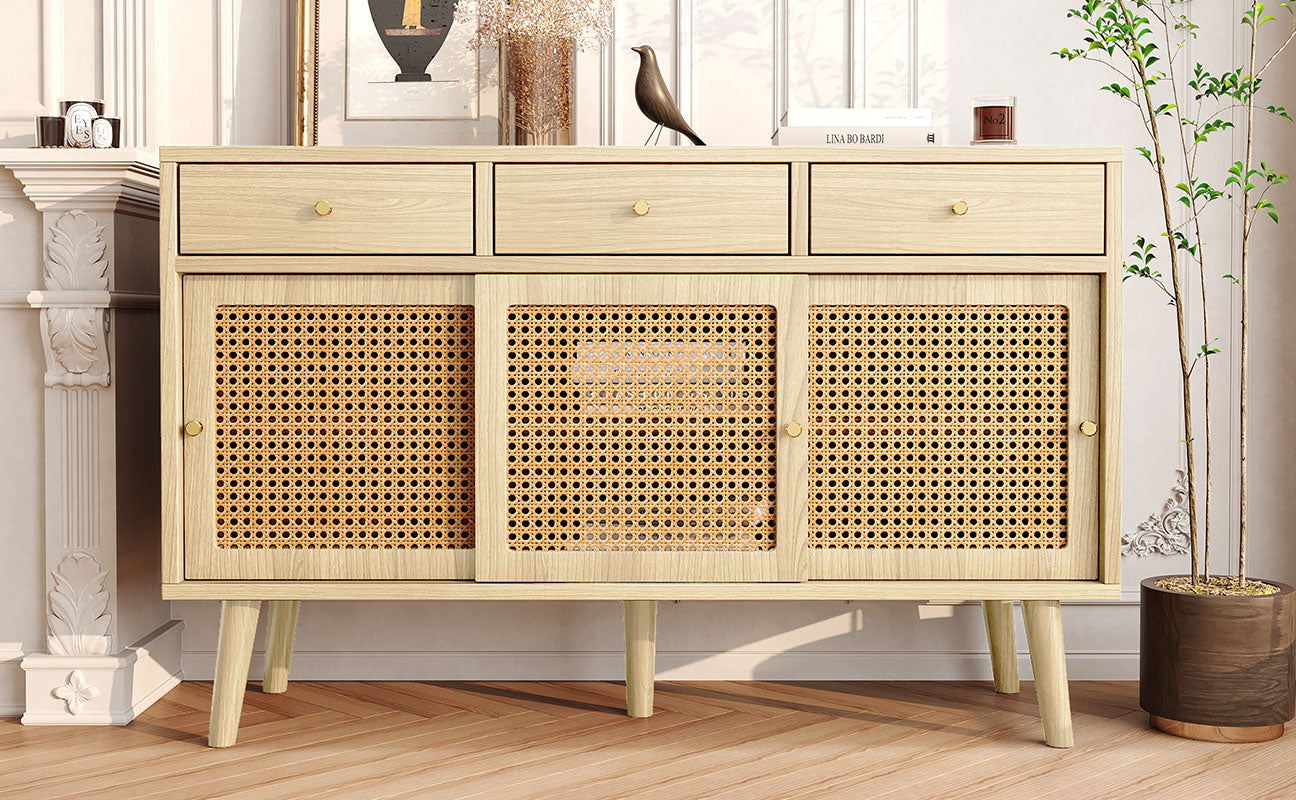 Sideboard 3 Drawer 3 Sliding Door Rattan Fronts Gold Handle Adjustable Shelves Oak