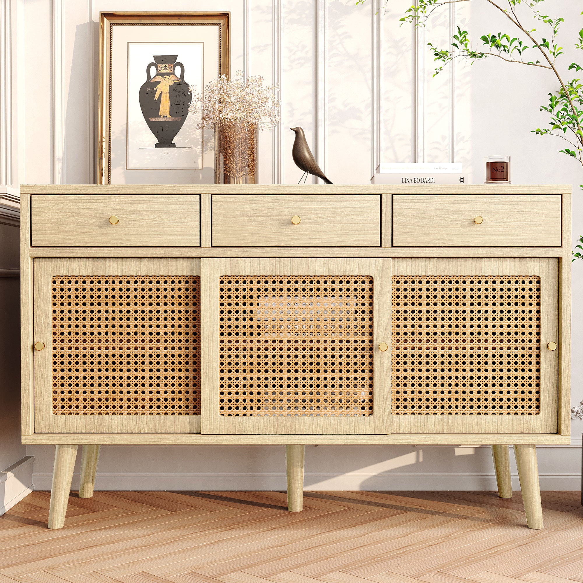 Sideboard 3 Drawer 3 Sliding Door Rattan Fronts Gold Handle Adjustable Shelves Oak