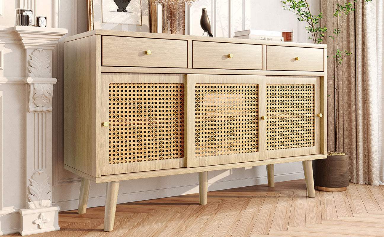 Sideboard 3 Drawer 3 Sliding Door Rattan Fronts Gold Handle Adjustable Shelves Oak