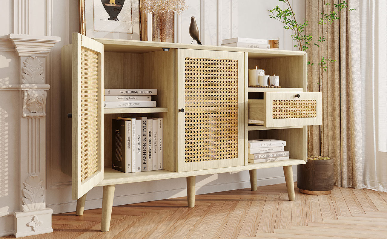 Sideboard with 1 Drawer 2 Rattan Magnetic Doors Adjustable Shelves, Oak