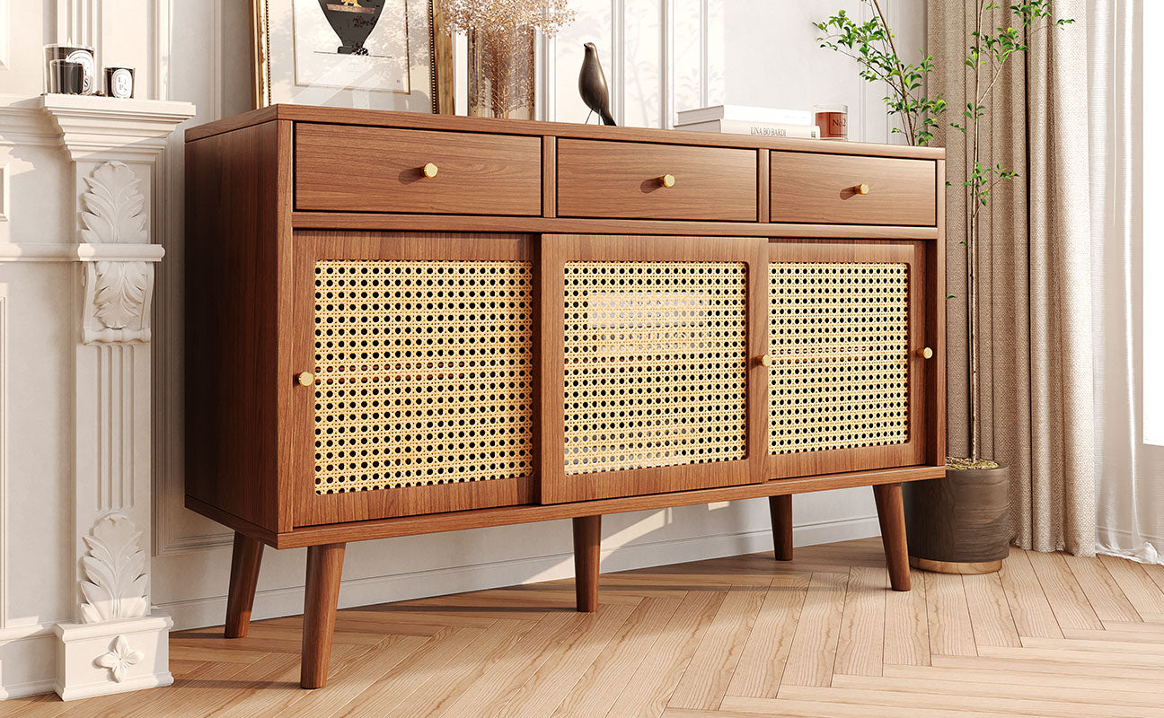Sideboard 3 Drawer 3 Sliding Door Rattan Weave - Walnut