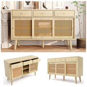 Sideboard 3 Drawer 3 Sliding Door Rattan Fronts Gold Handle Adjustable Shelves Oak