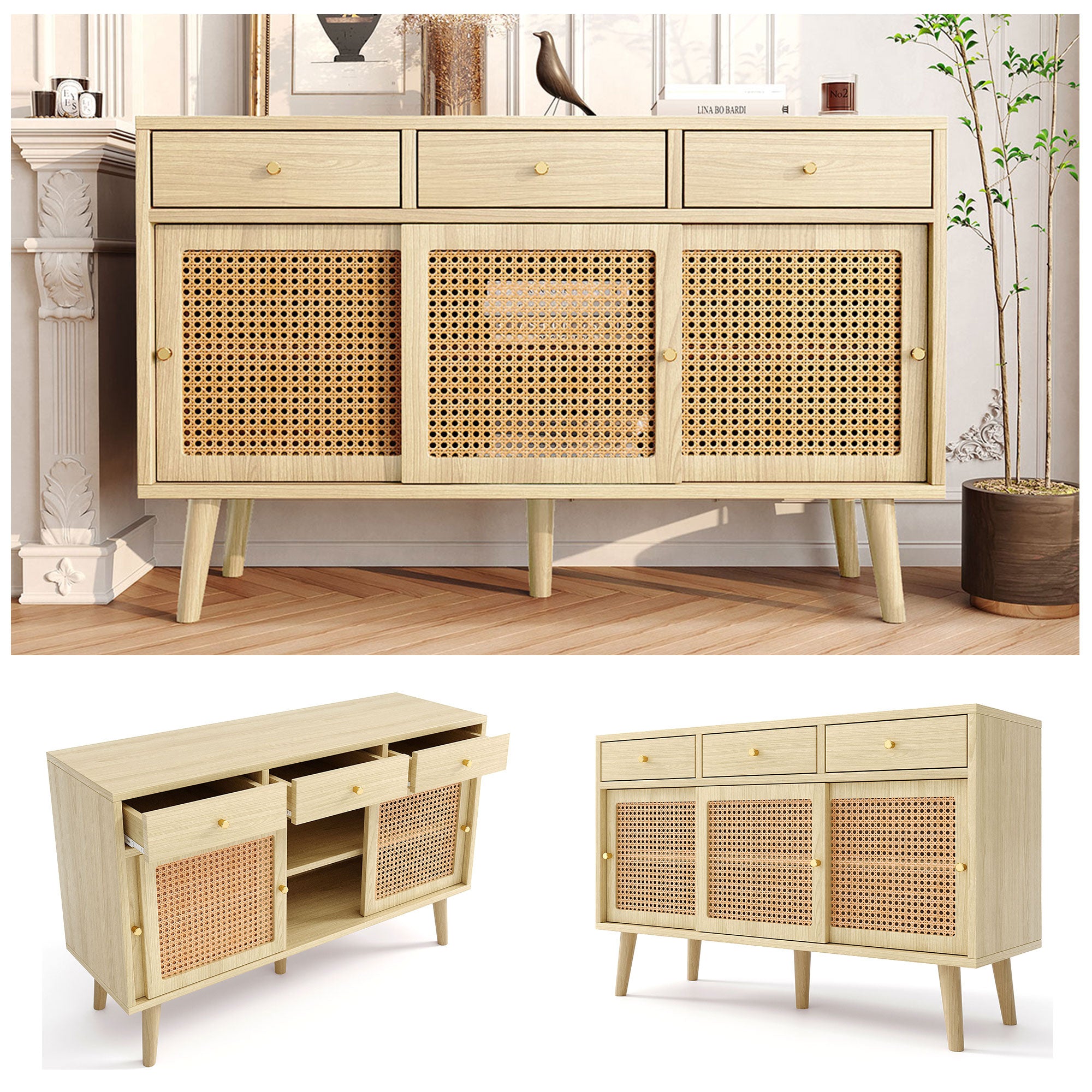 Sideboard 3 Drawer 3 Sliding Door Rattan Fronts Gold Handle Adjustable Shelves Oak