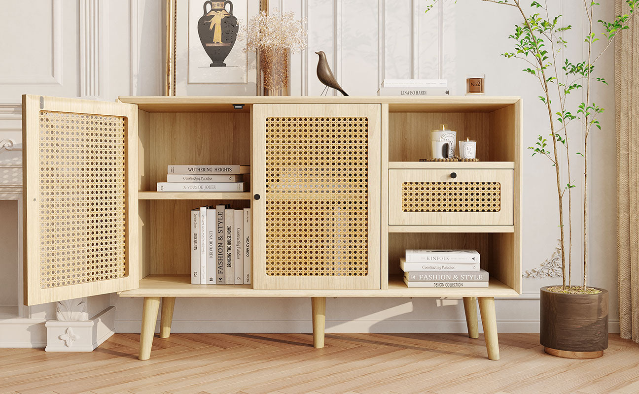 Sideboard with 1 Drawer 2 Rattan Magnetic Doors Adjustable Shelves, Oak