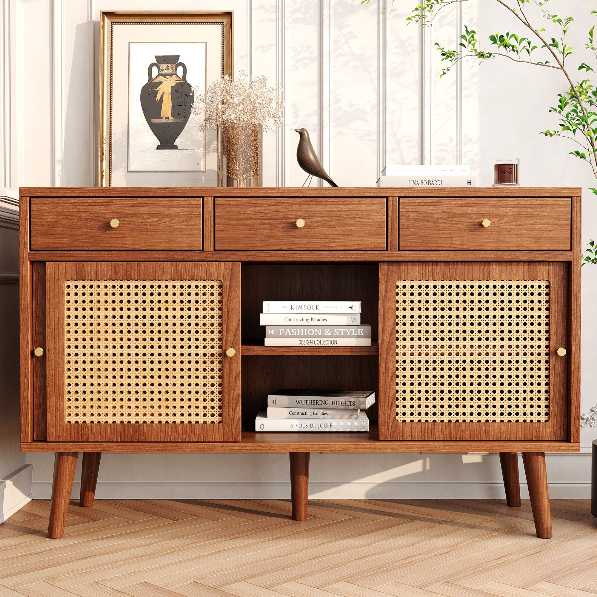 Sideboard 3 Drawer 3 Sliding Door Rattan Weave - Walnut