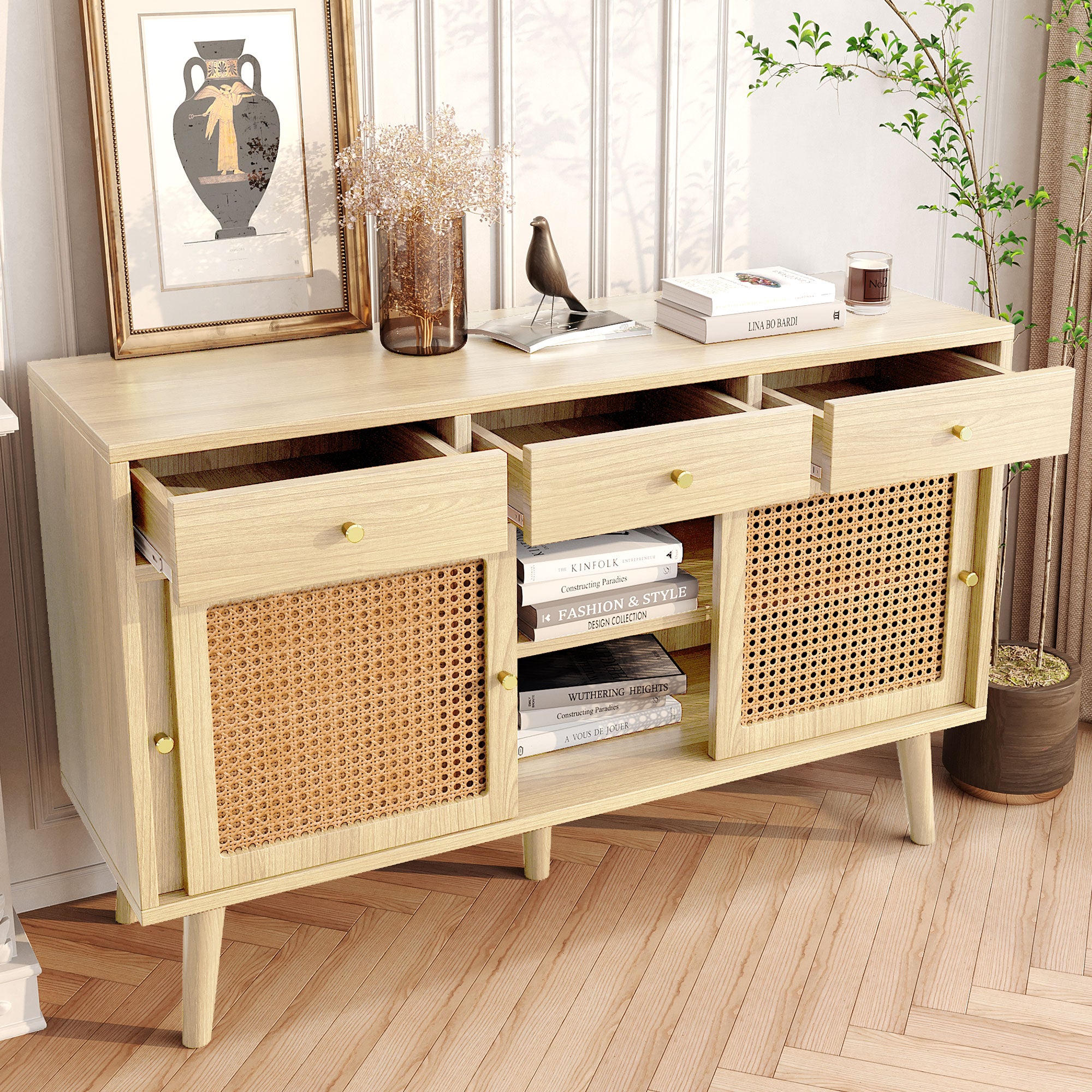 Sideboard 3 Drawer 3 Sliding Door Rattan Fronts Gold Handle Adjustable Shelves Oak