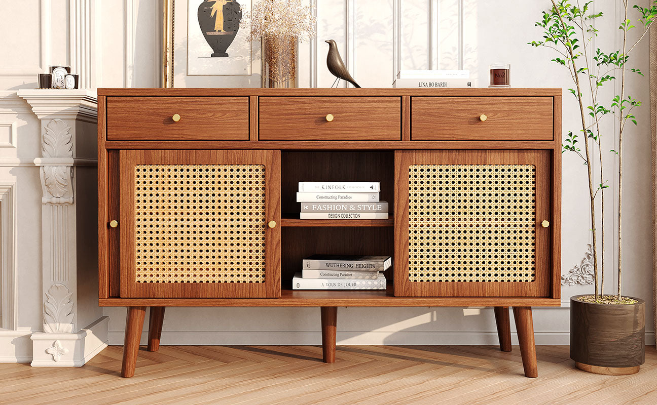 Sideboard 3 Drawer 3 Sliding Door Rattan Weave - Walnut
