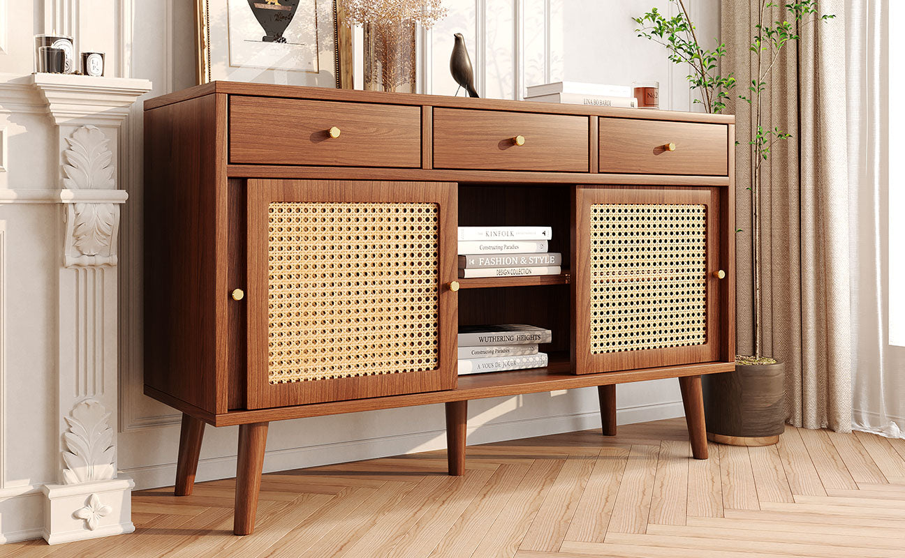 Sideboard 3 Drawer 3 Sliding Door Rattan Weave - Walnut