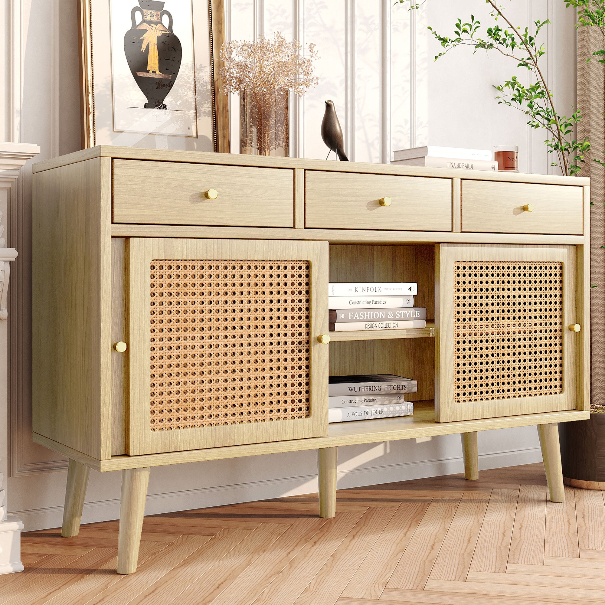 Sideboard 3 Drawer 3 Sliding Door Rattan Fronts Gold Handle Adjustable Shelves Oak