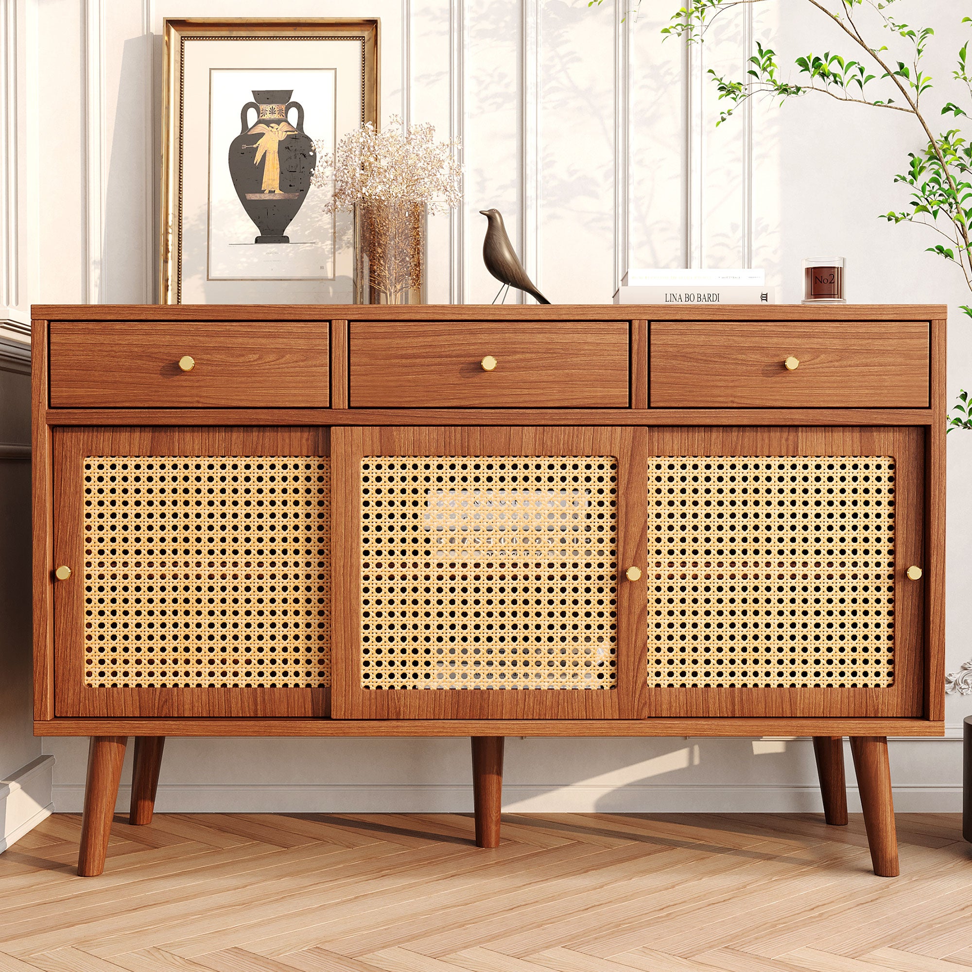 Sideboard 3 Drawer 3 Sliding Door Rattan Weave - Walnut