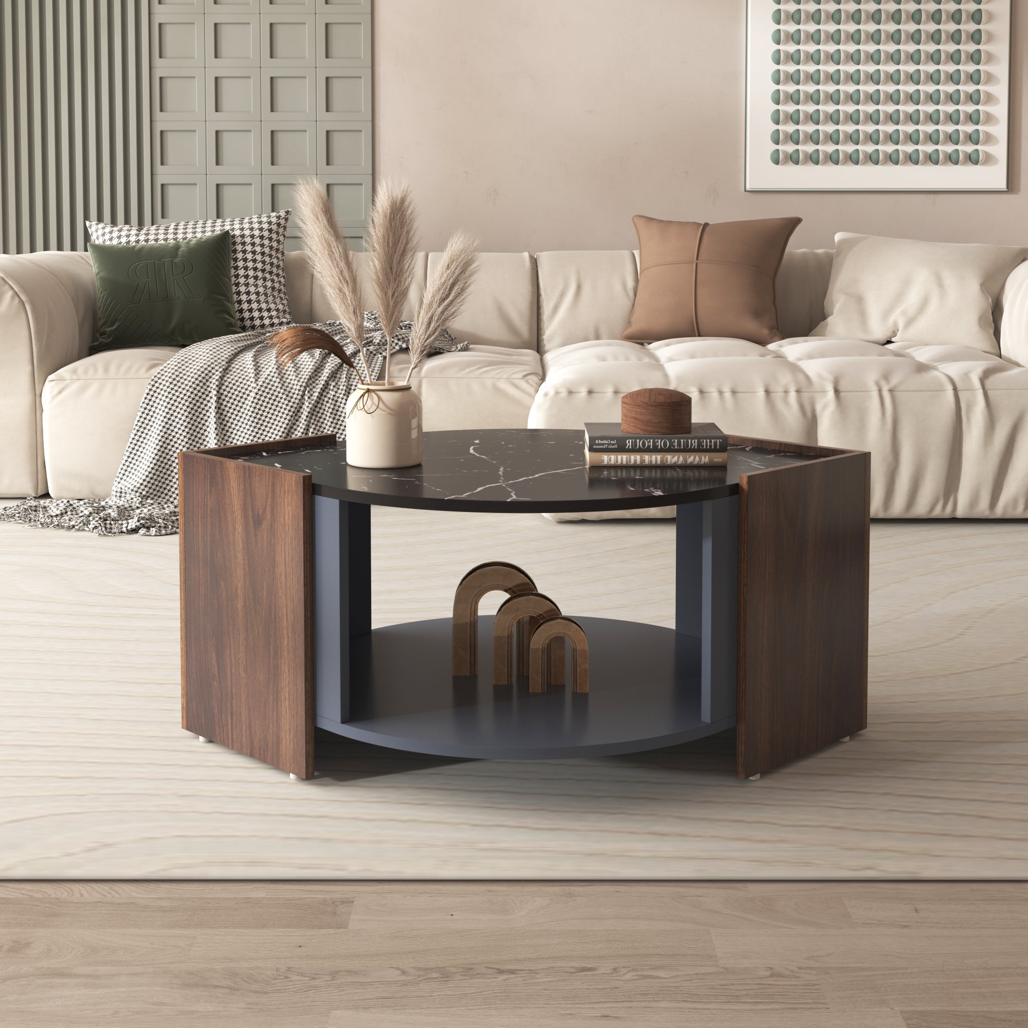 Coffee Table, Textured with Unique Lines, Marble/Walnut Contrast