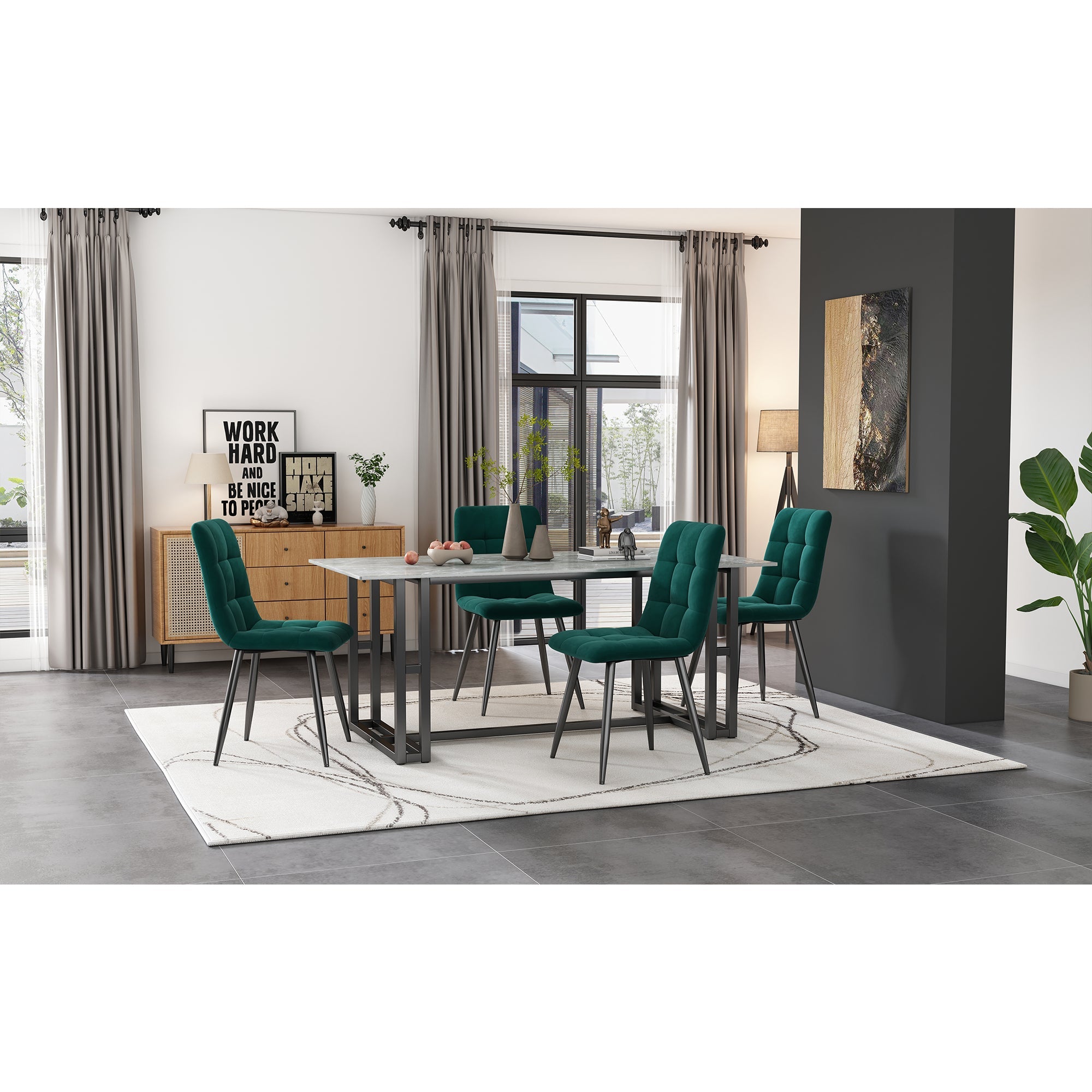 Dining Chair (4 pcs), Dark Green, Velvet Upholstered with Backrest, Metal Frame
