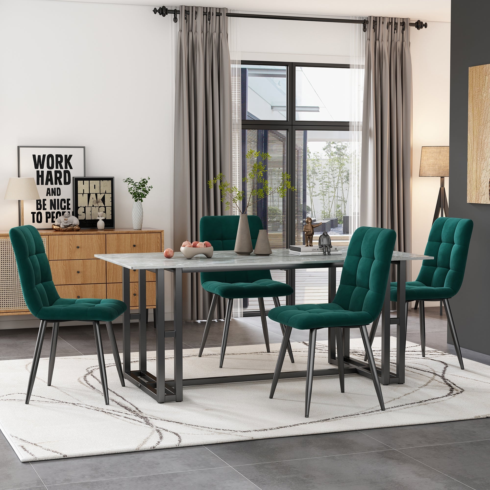 Dining Chair (4 pcs), Dark Green, Velvet Upholstered with Backrest, Metal Frame
