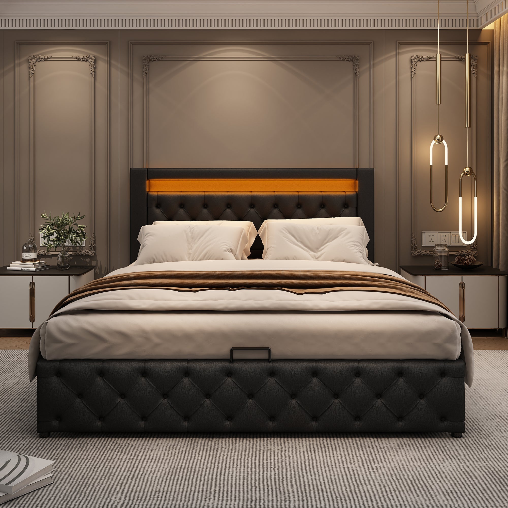 Upholstered Bed, 135x190 cm, Functional with Slatted Frame, Storage, LED Lighting, Black PU