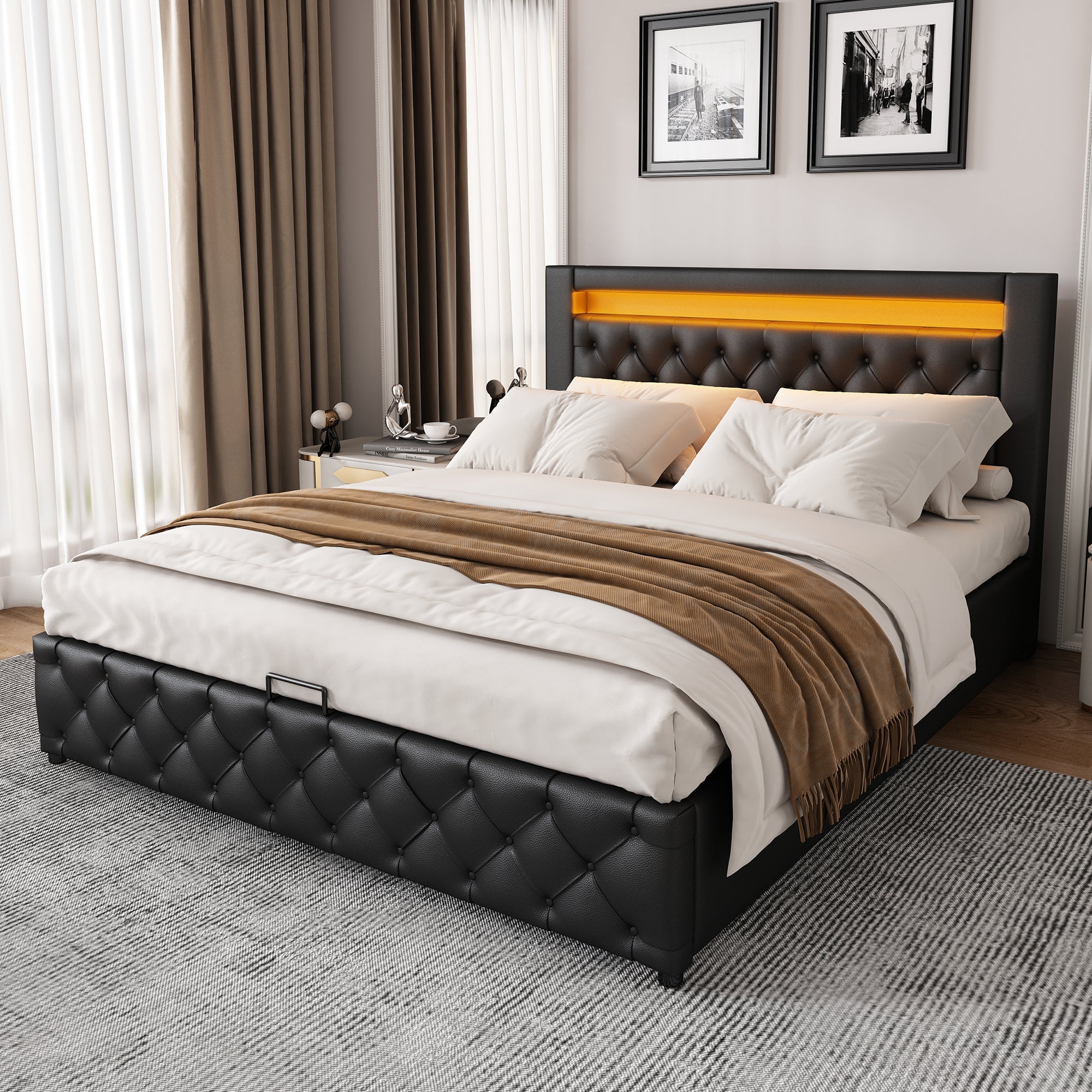 Upholstered Bed, 135x190 cm, Functional with Slatted Frame, Storage, LED Lighting, Black PU