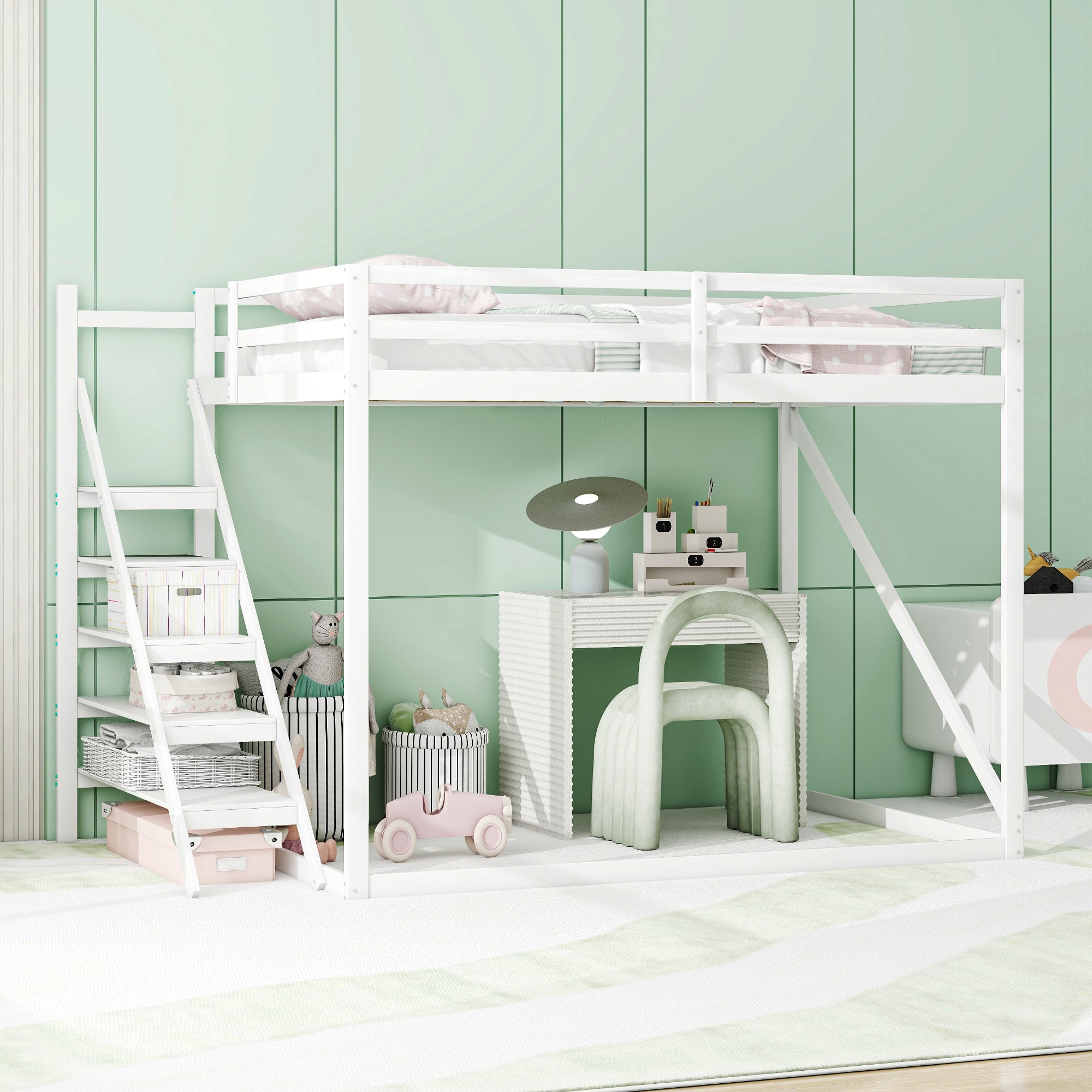 Children's Loft Bed 140x200, Solid Wood with Safety Ladder, White