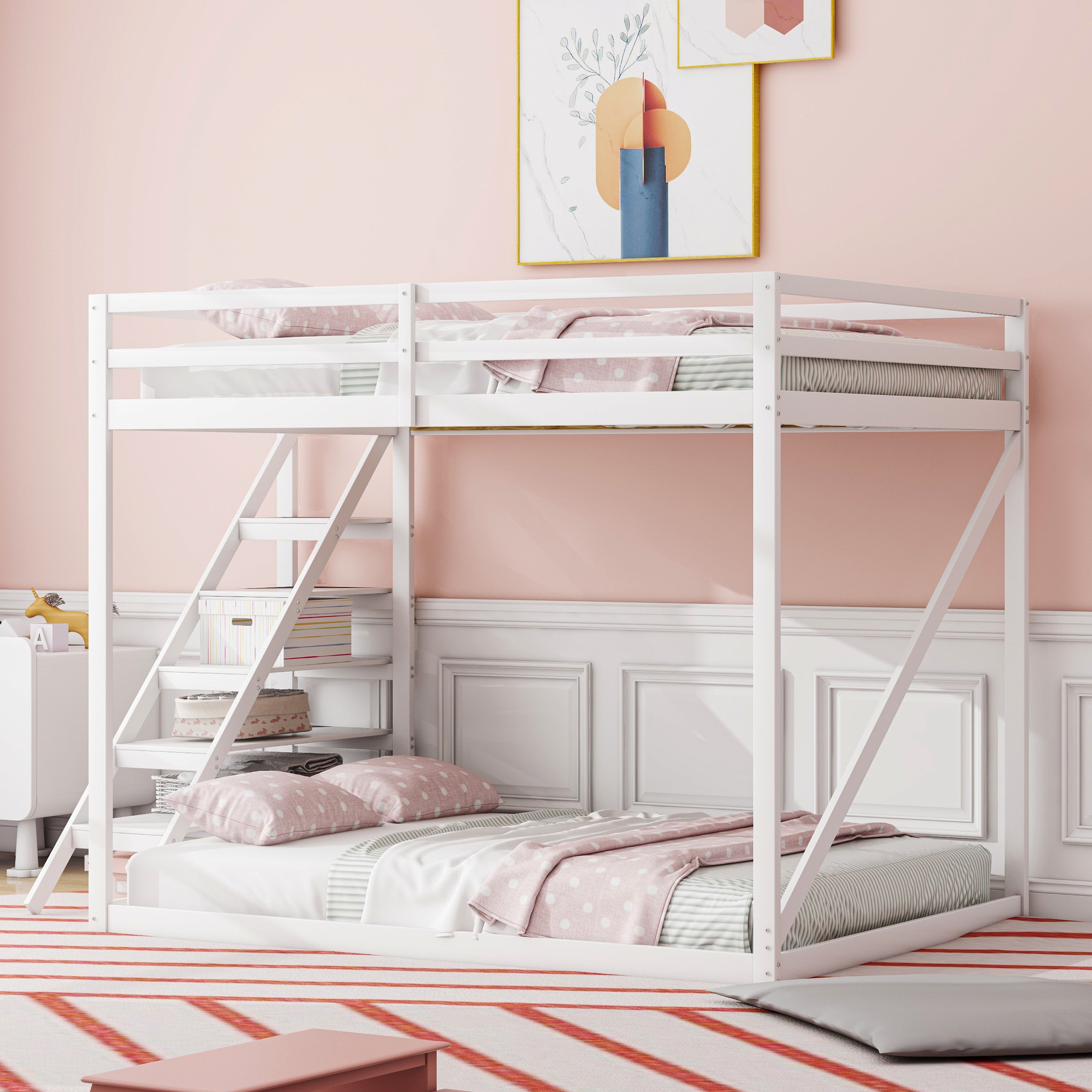 Children's Loft Bed 140x200, Solid Wood with Safety Ladder, White