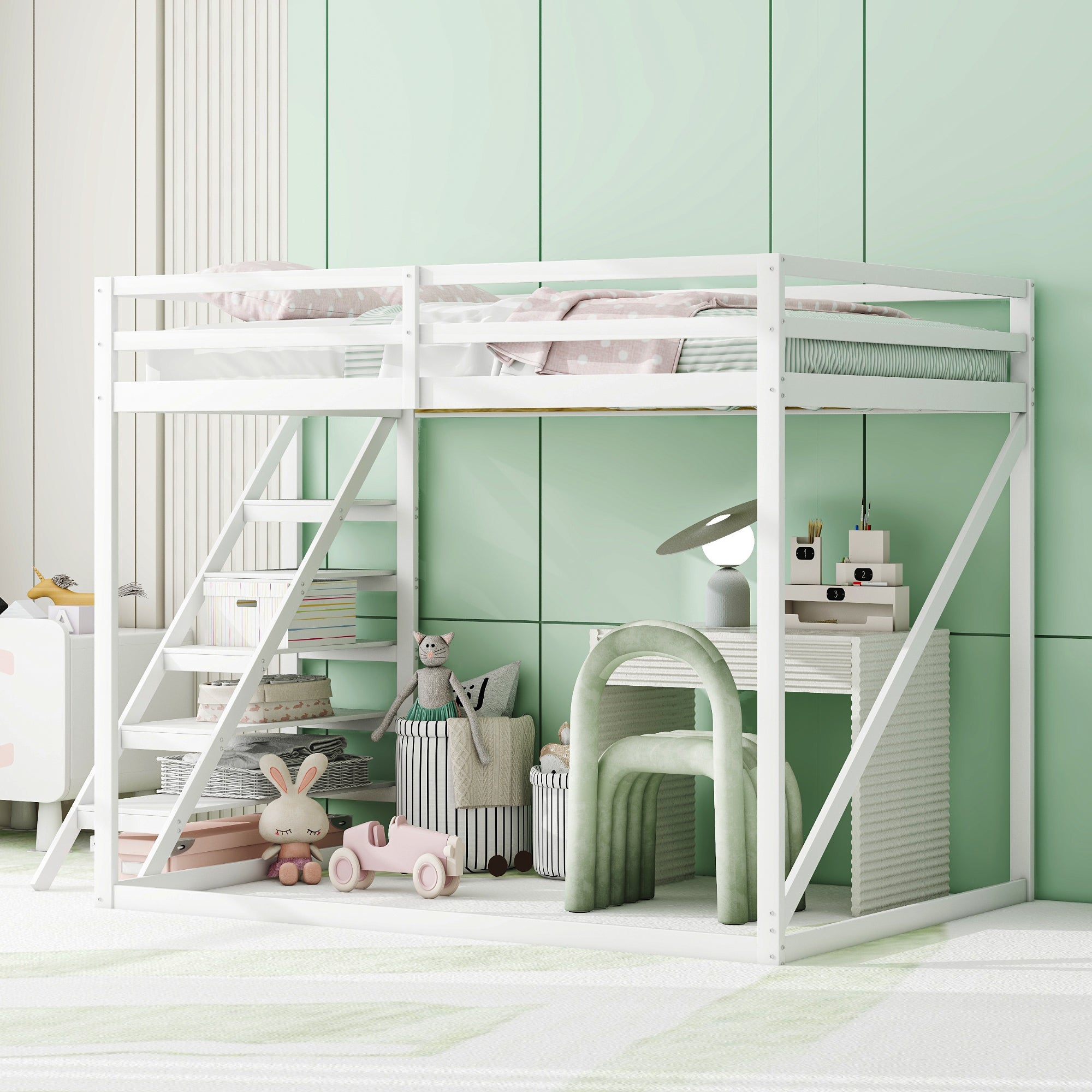 Children's Loft Bed 140x200, Solid Wood with Safety Ladder, White