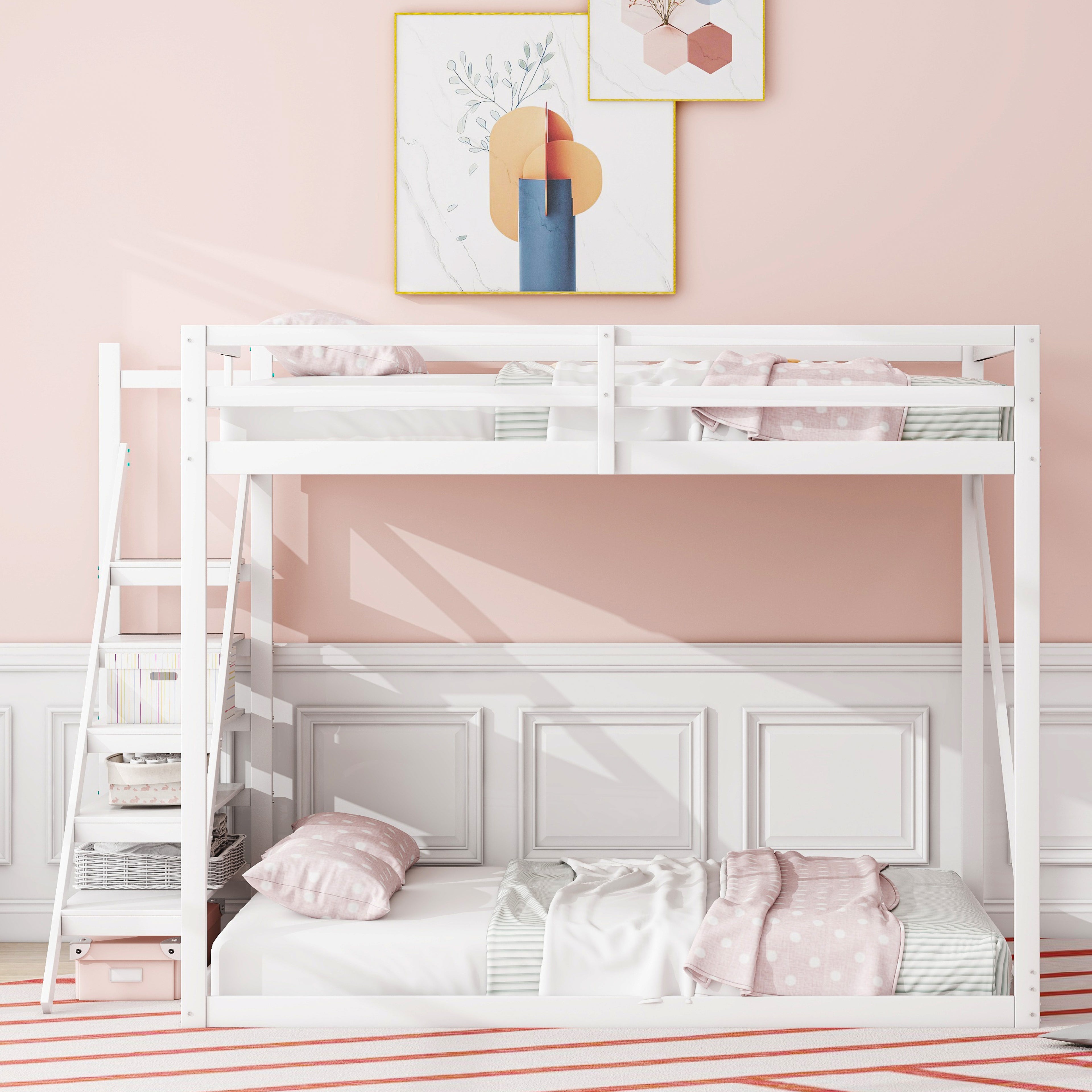 Children's Loft Bed 140x200, Solid Wood with Safety Ladder, White