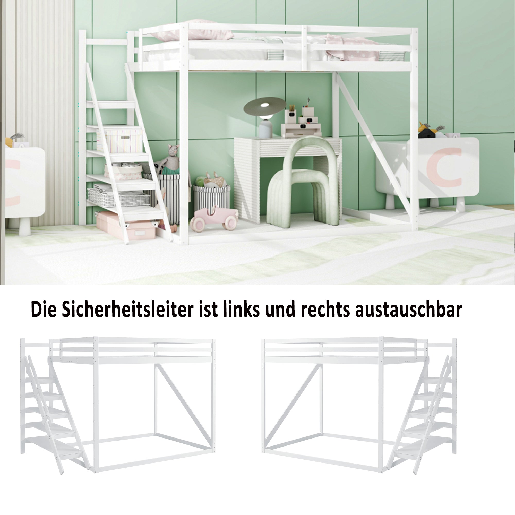 Children's Loft Bed 140x200, Solid Wood with Safety Ladder, White