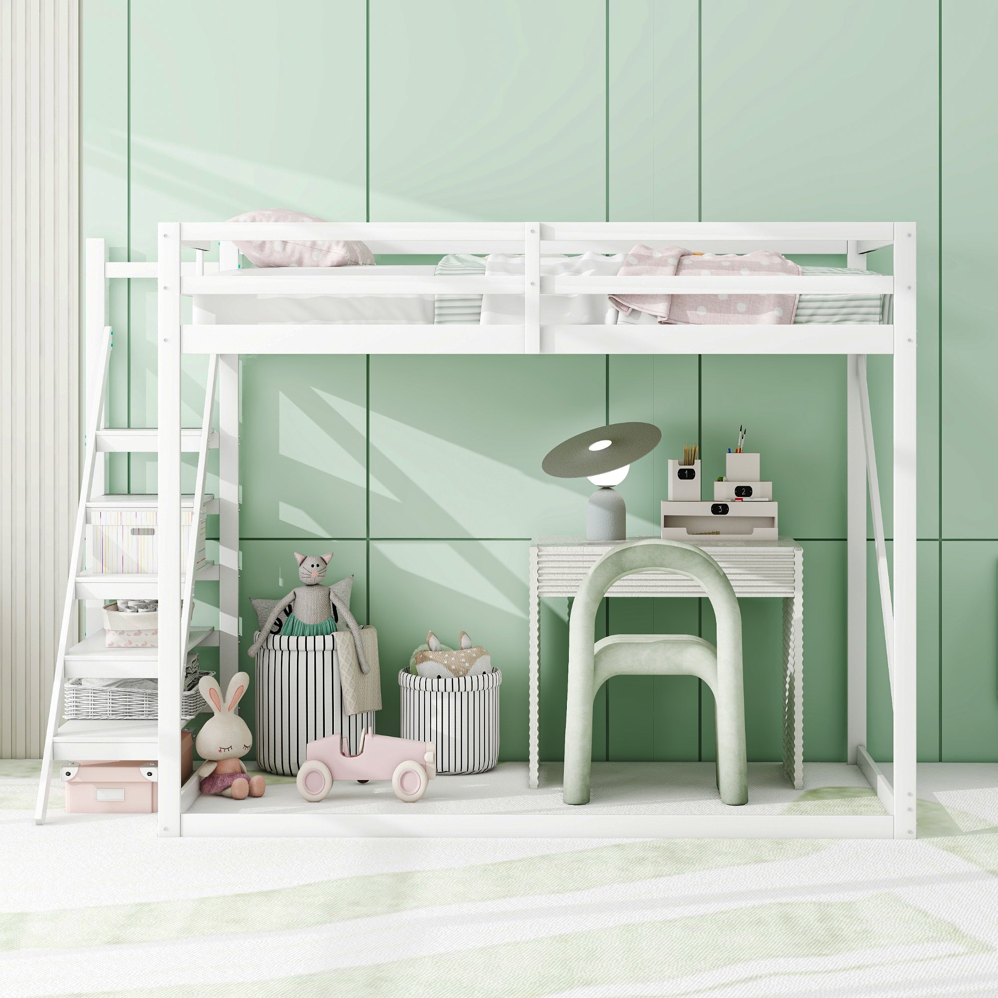 Children's Loft Bed 140x200, Solid Wood with Safety Ladder, White
