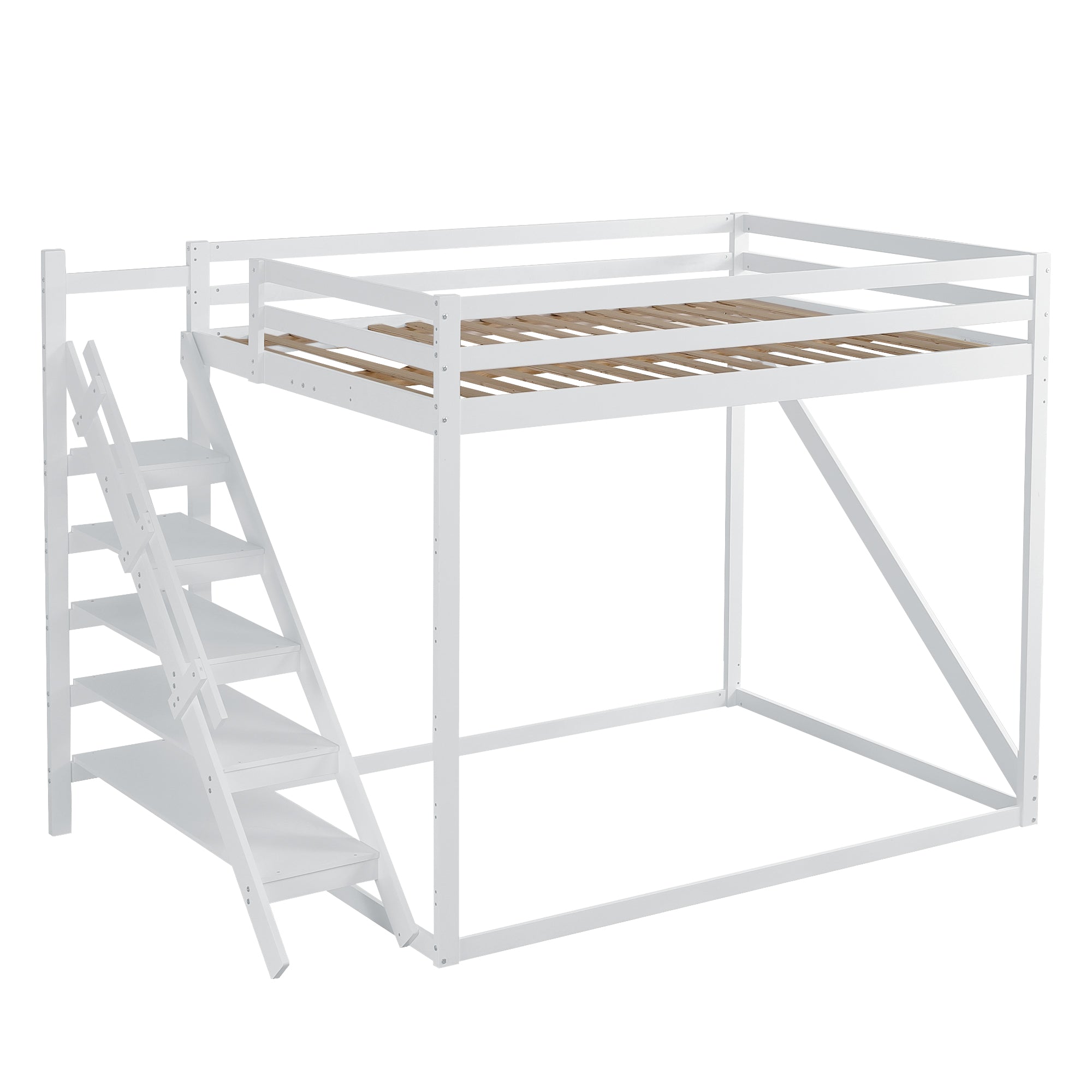 Children's Loft Bed 140x200, Solid Wood with Safety Ladder, White