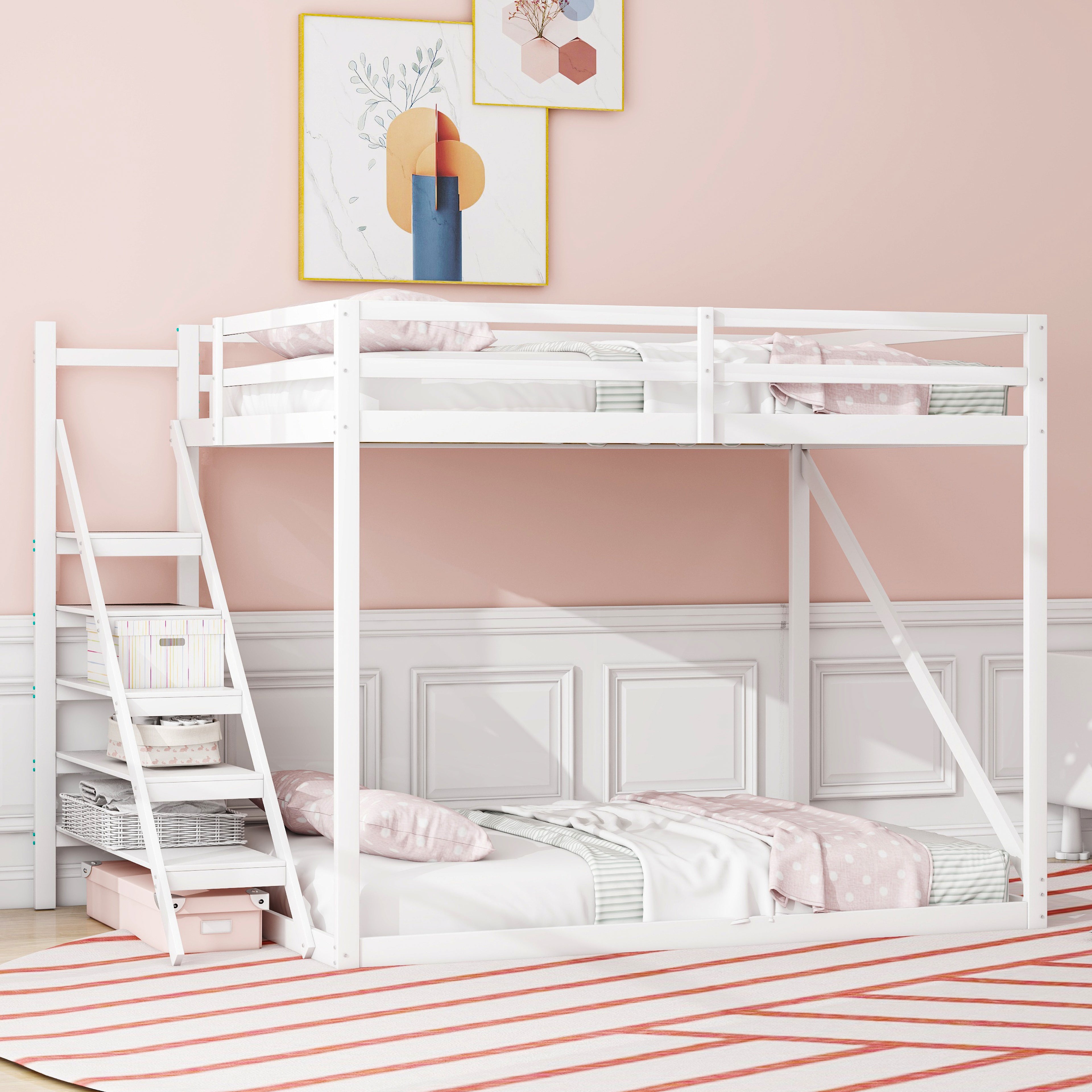 Children's Loft Bed 140x200, Solid Wood with Safety Ladder, White