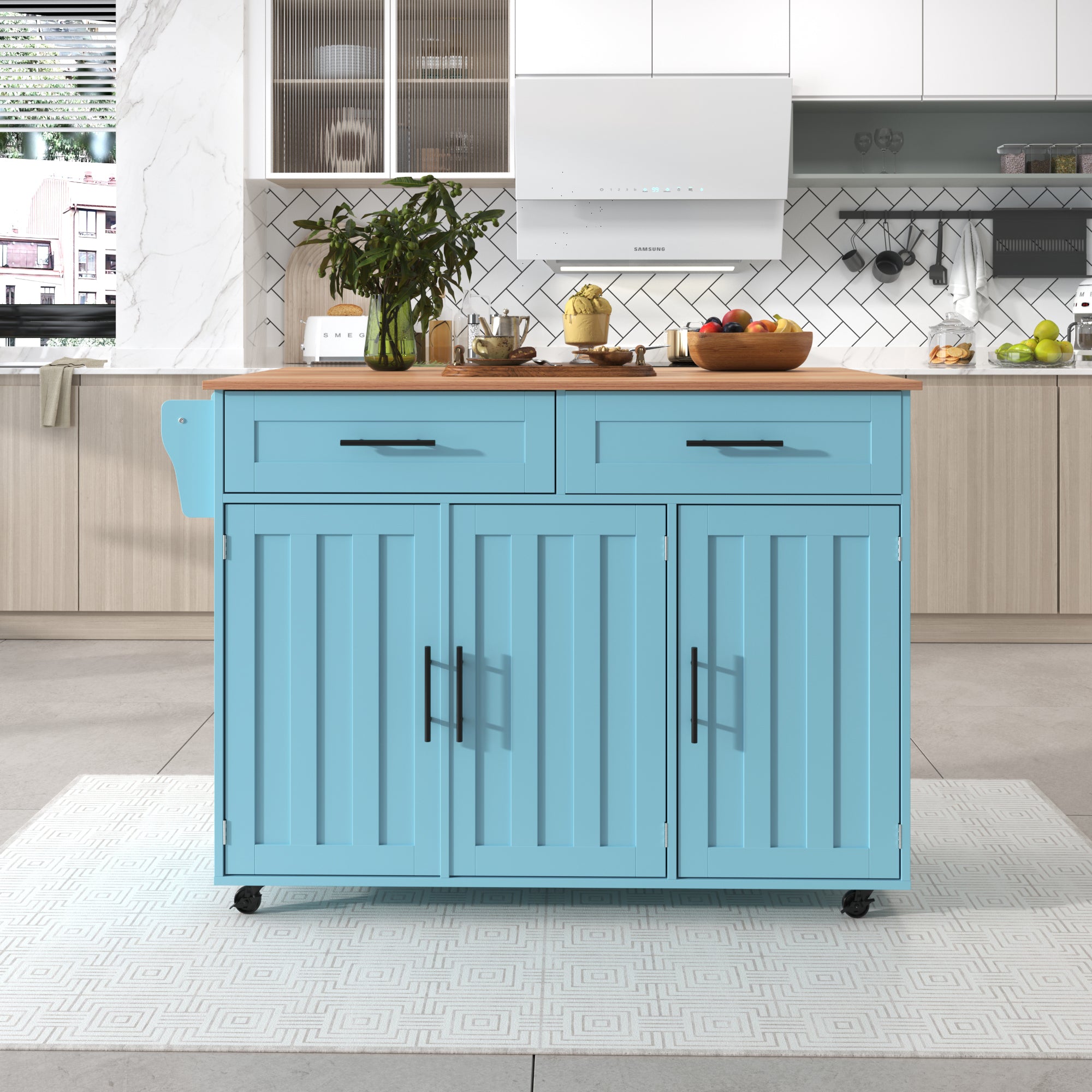Dining Cart Sideboard Extendable Folding Worktop Storage Wheels - Blue/Wood Grain
