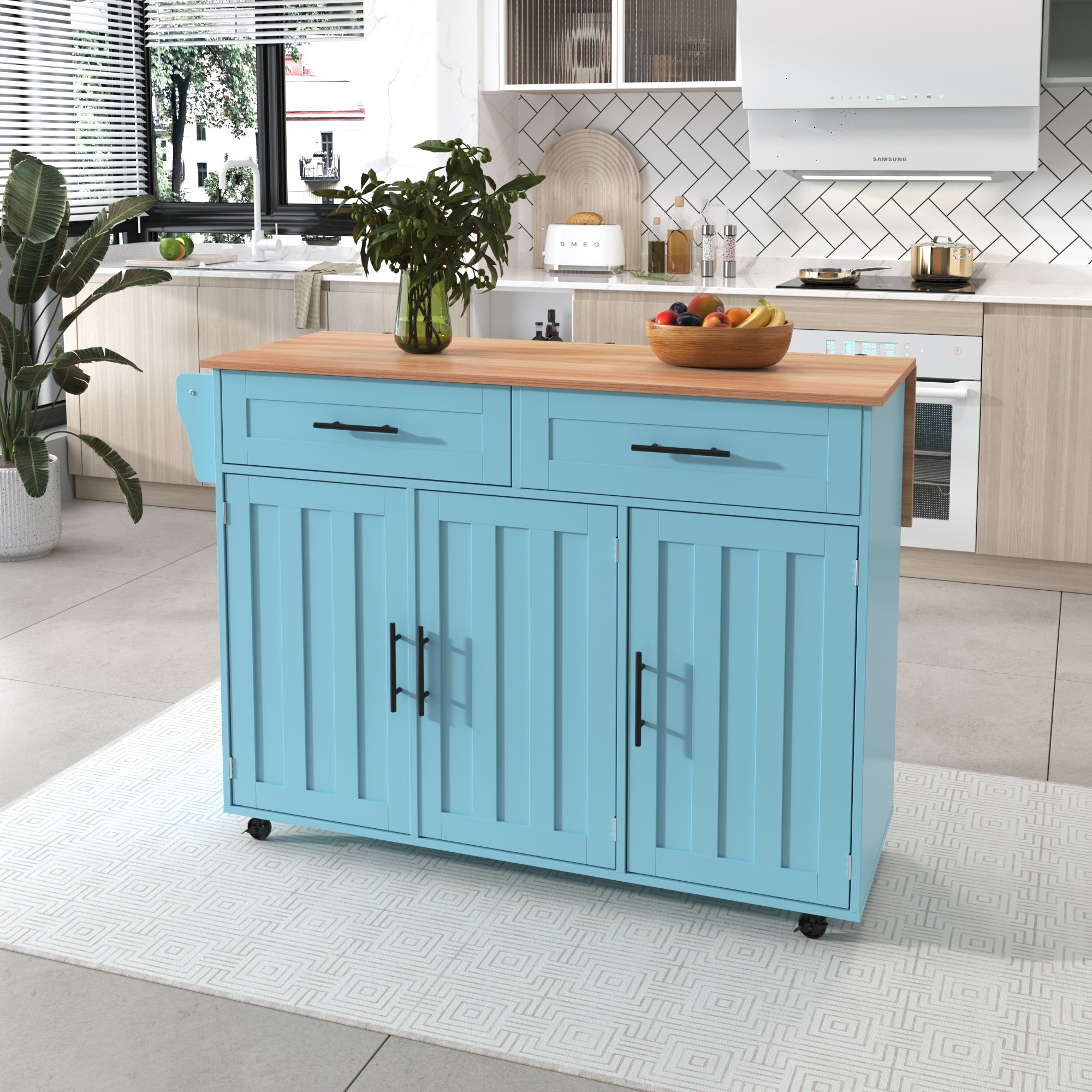 Dining Cart Sideboard Extendable Folding Worktop Storage Wheels - Blue/Wood Grain