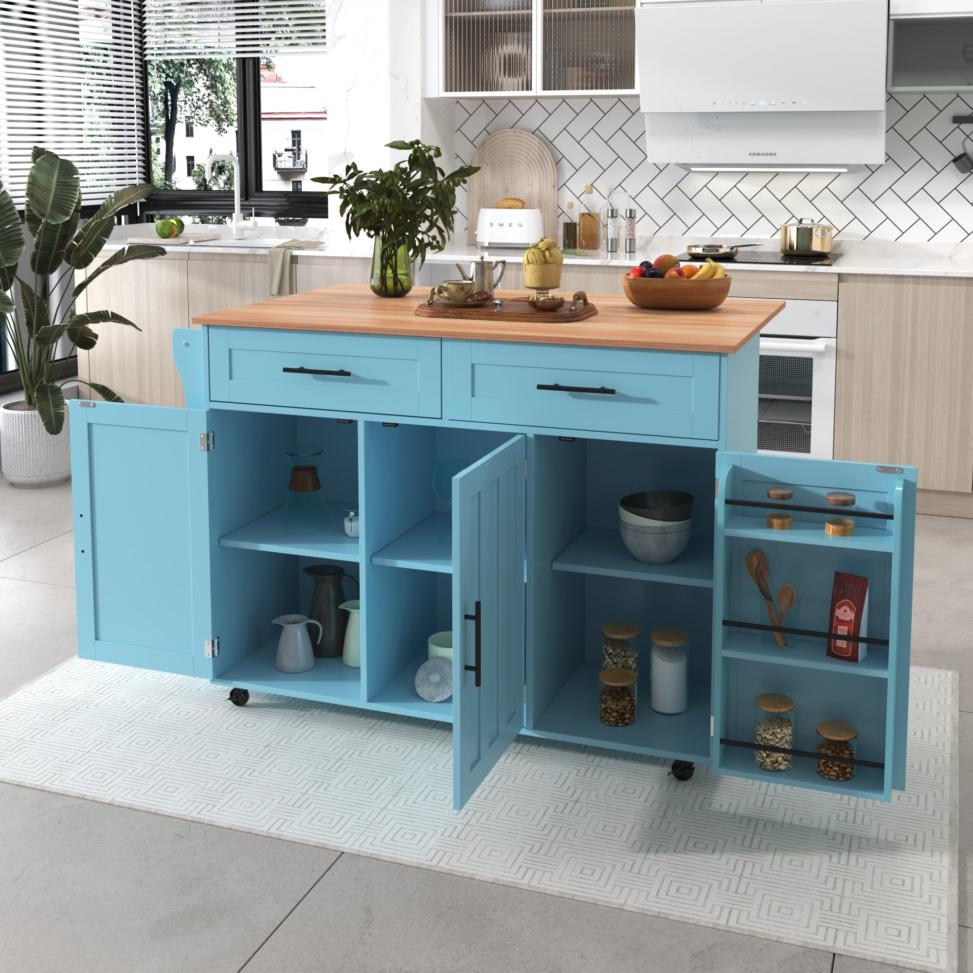 Dining Cart Sideboard Extendable Folding Worktop Storage Wheels - Blue/Wood Grain