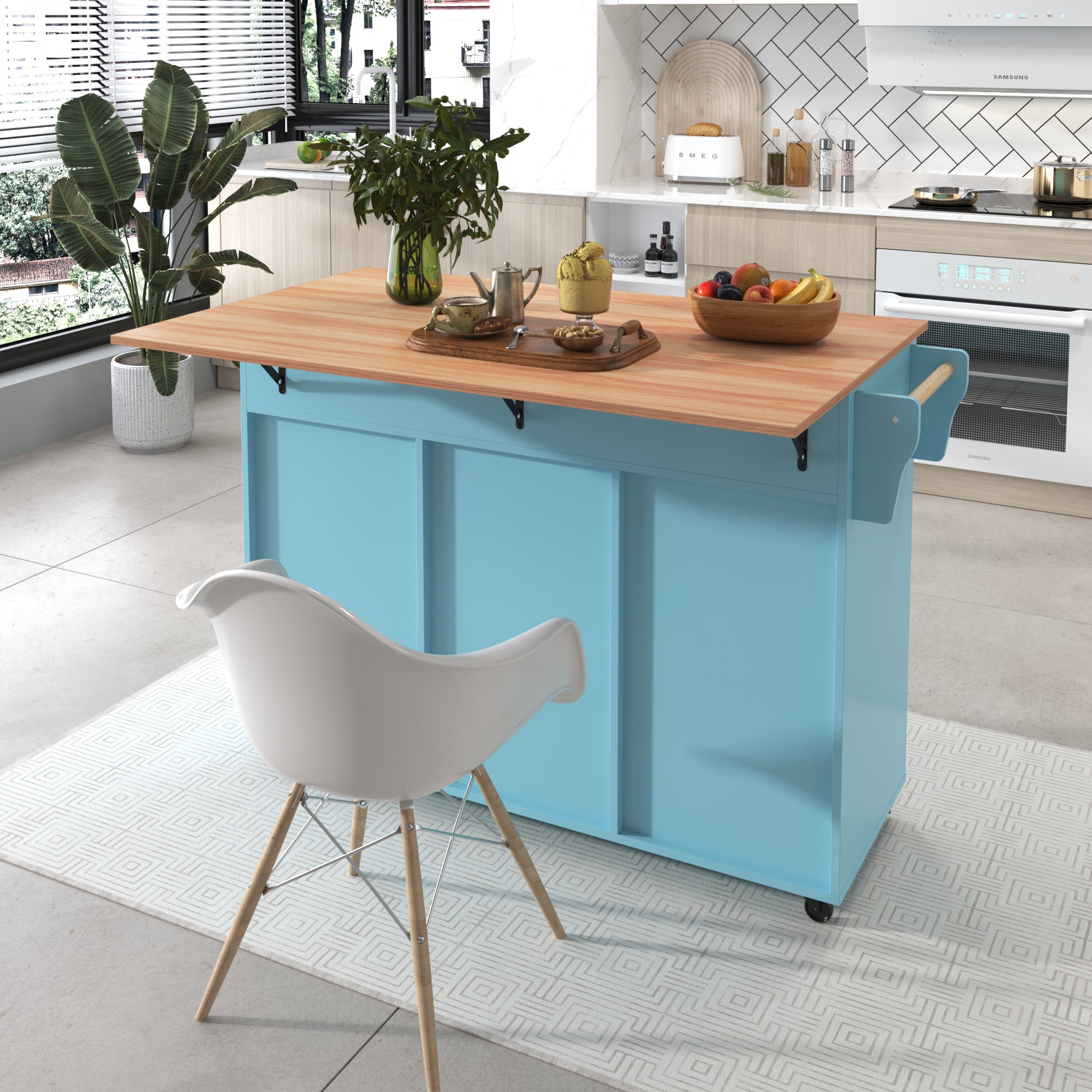 Dining Cart Sideboard Extendable Folding Worktop Storage Wheels - Blue/Wood Grain