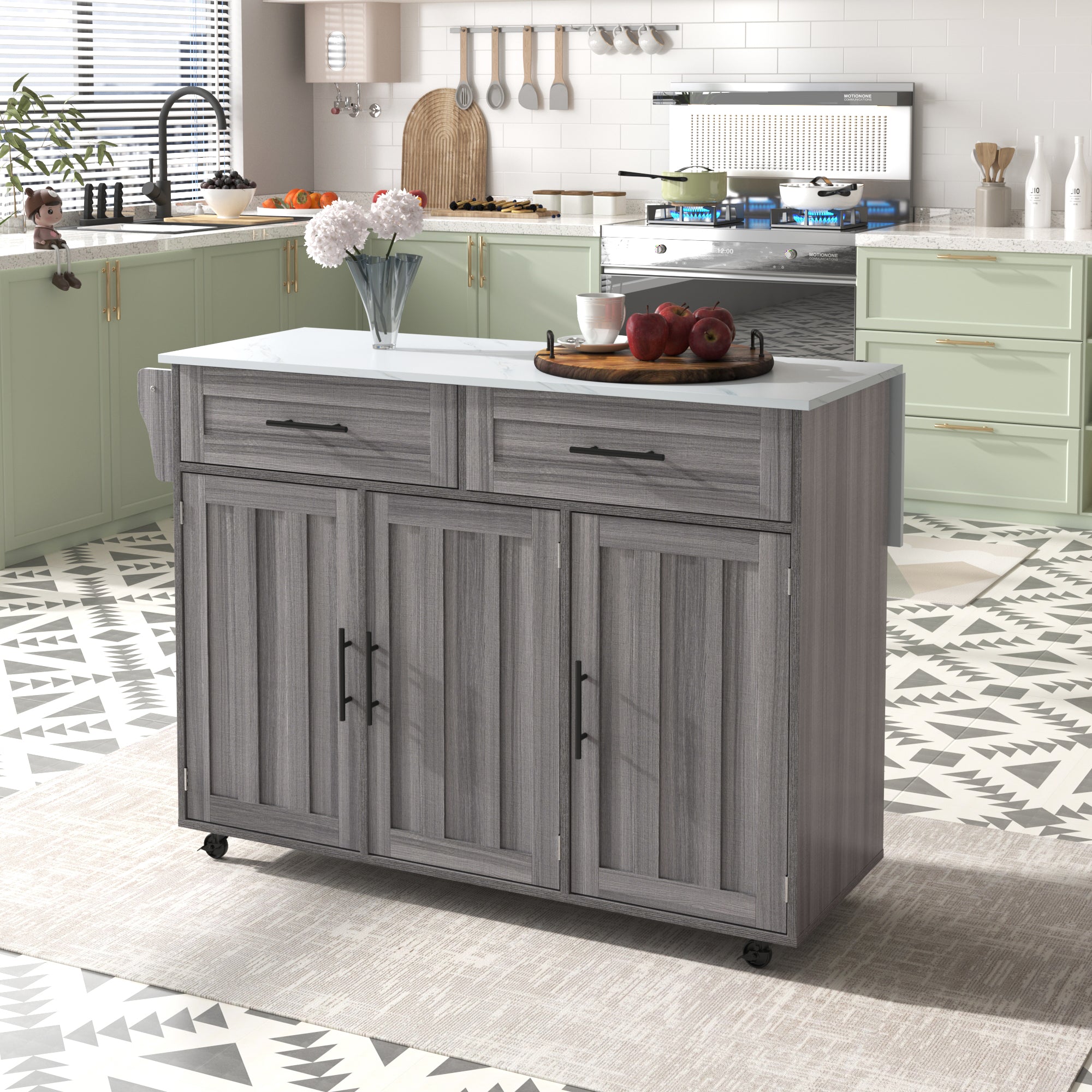 Dining Cart Sideboard Extendable White Marble Top Storage Wheels - Khaki Gray Wood Grain