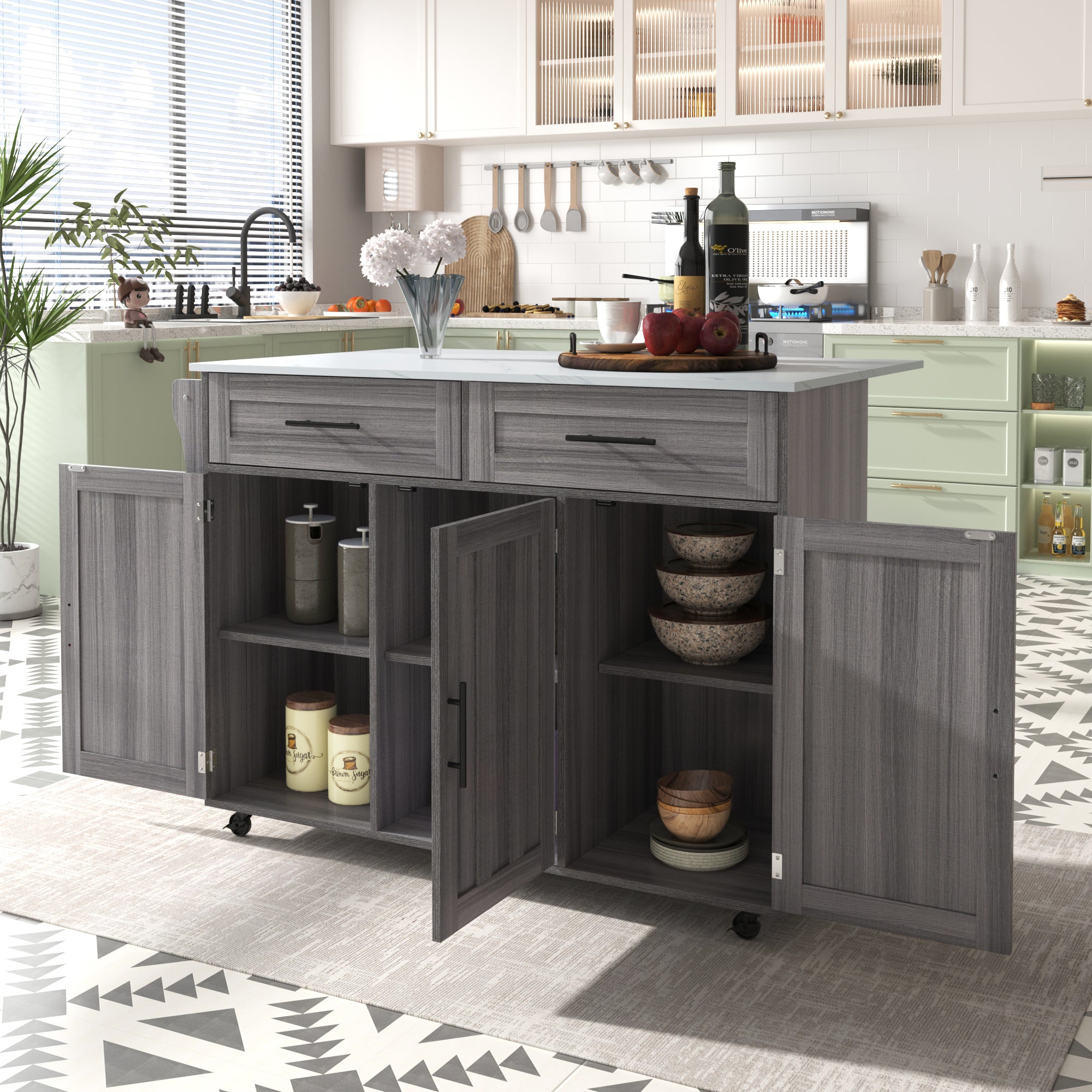 Dining Cart Kitchen Island Folding Table 5 Wheels Storage 2 Drawers - White/Khaki Grey