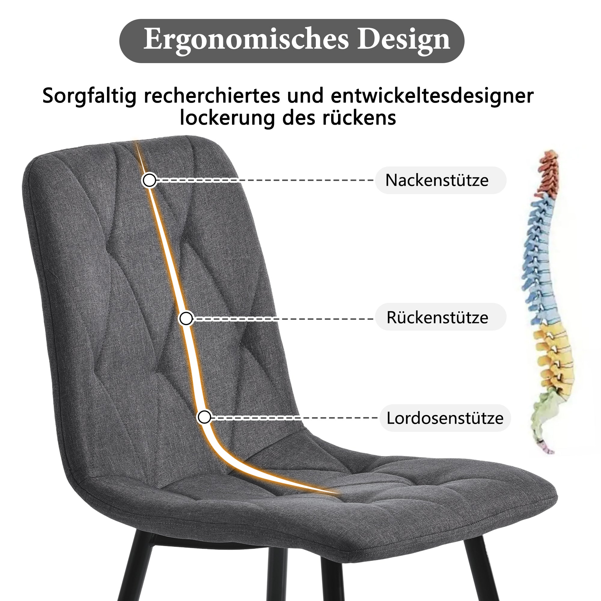 Dining Chairs (4-pcs) Upholstered with Backrest, Twill Linen, Dark Grey