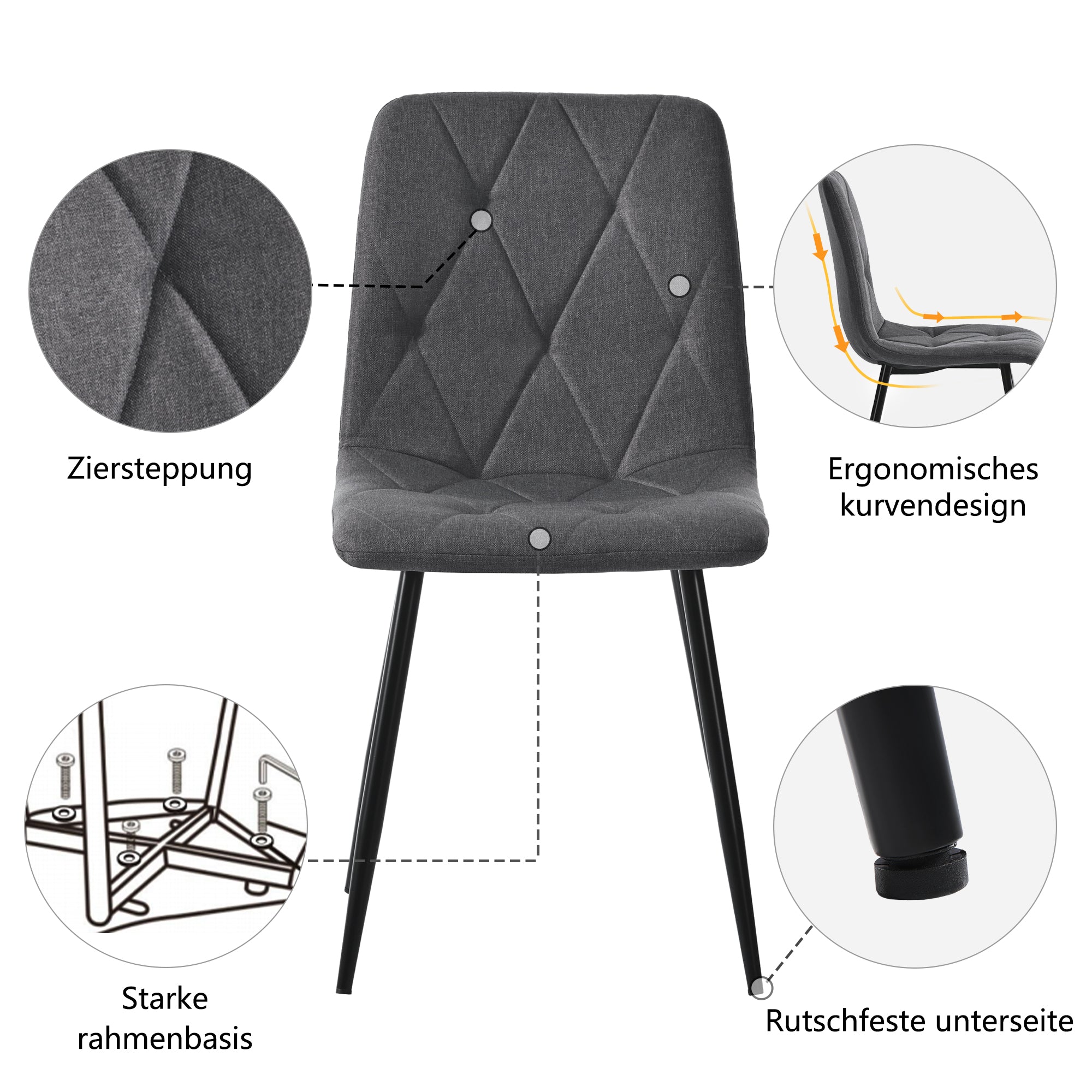 Dining Chairs (4-pcs) Upholstered with Backrest, Twill Linen, Dark Grey