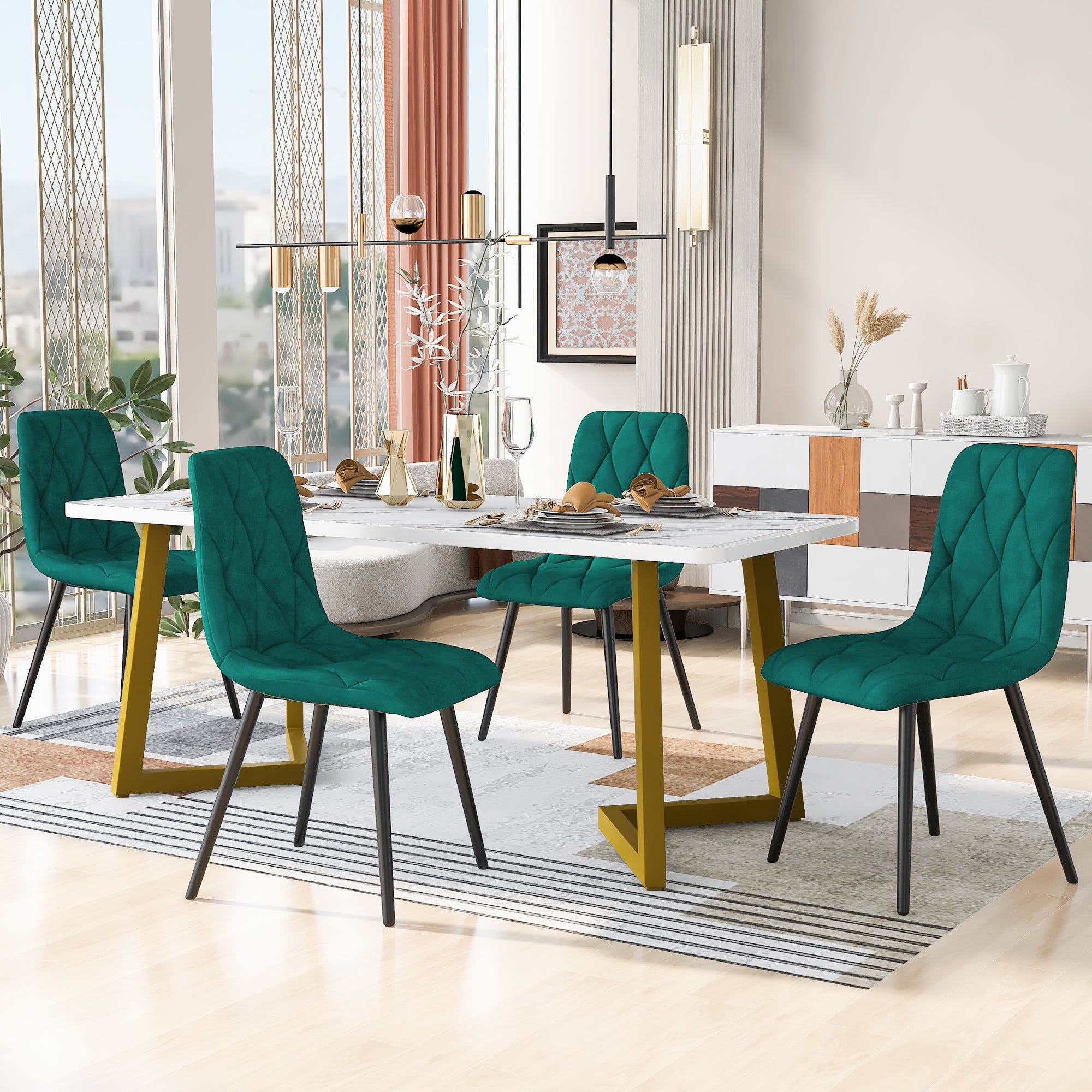 Dining Set, 117×68cm Rectangular Table with 4 Chairs, Dark Green Twill Velvet & Golden Legs