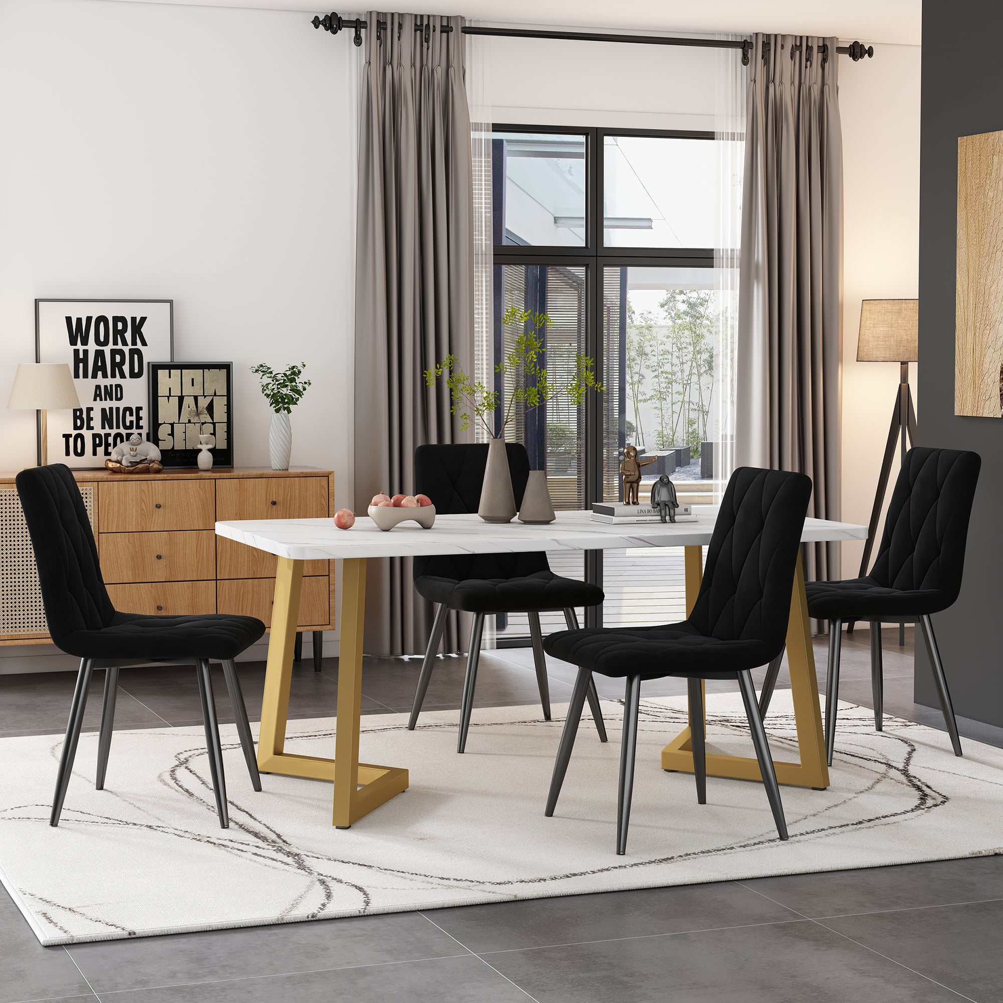 Dining Set 5-Piece Rectangular 117x68cm Black Twill Velvet/Gold Legs