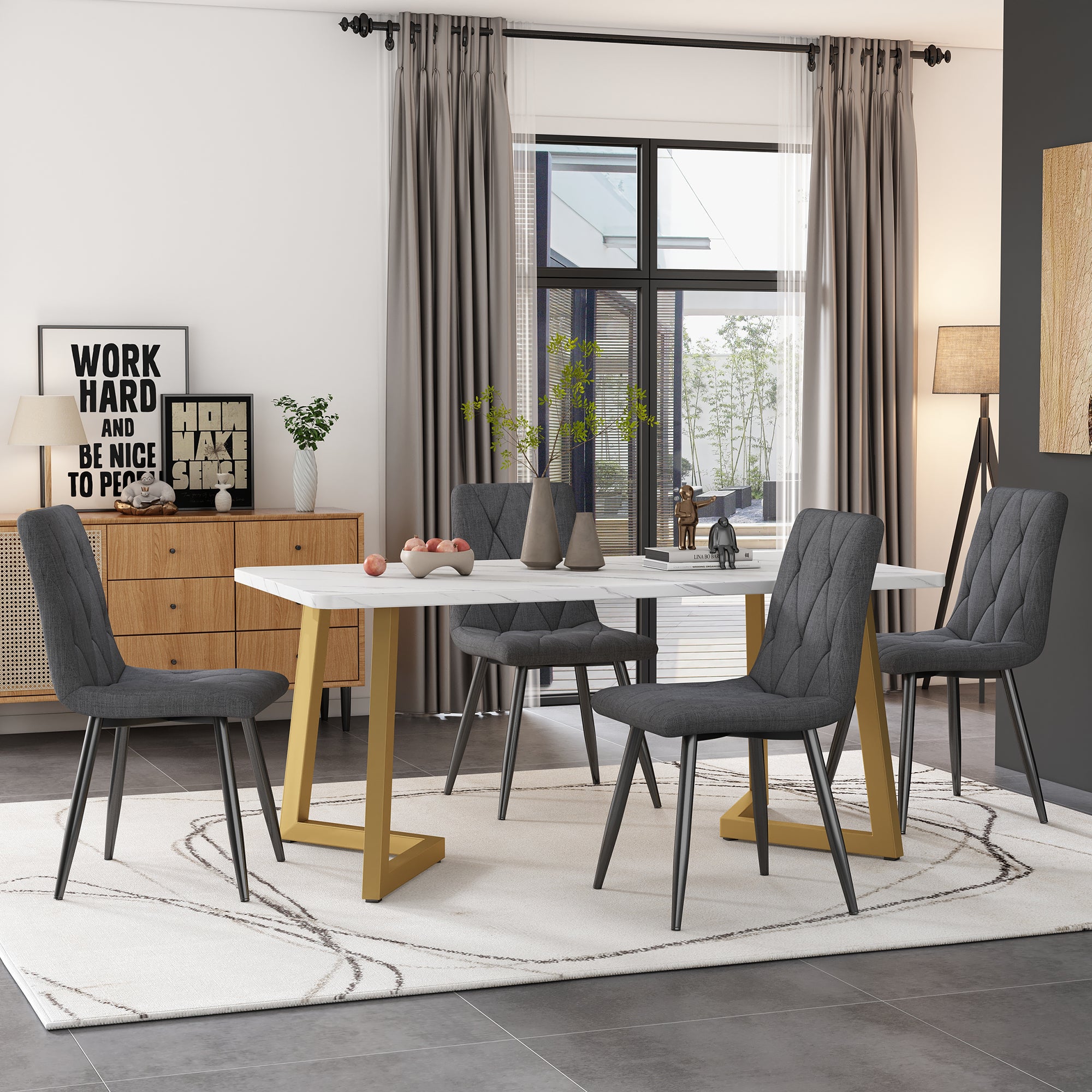 Dining Set 5-Piece 117x68cm Rectangular Table 4 Chairs Dark Grey Twill Linen Golden Legs