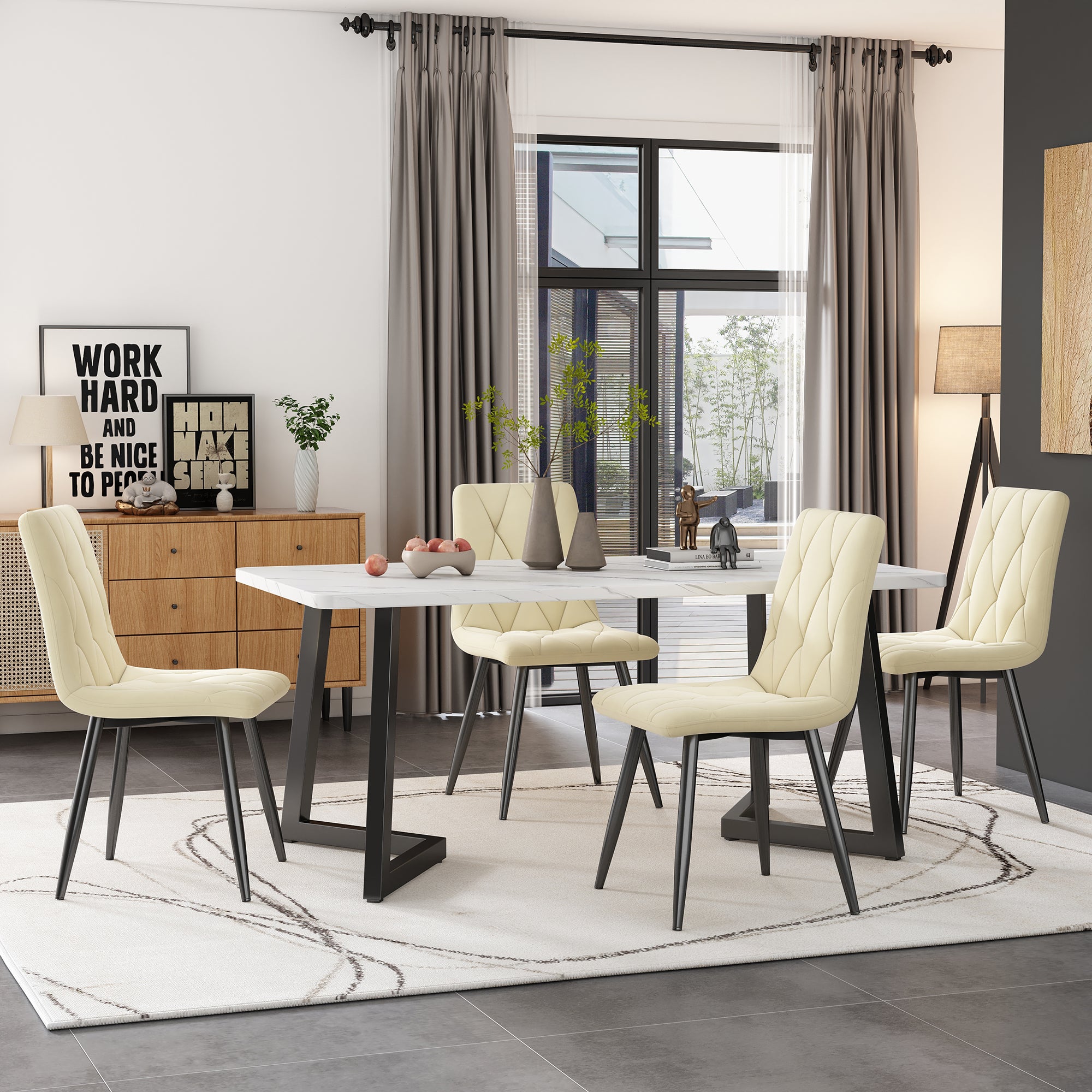Dining Chair Set (4), Upholstered Twill Velvet with Metal Legs, Beige