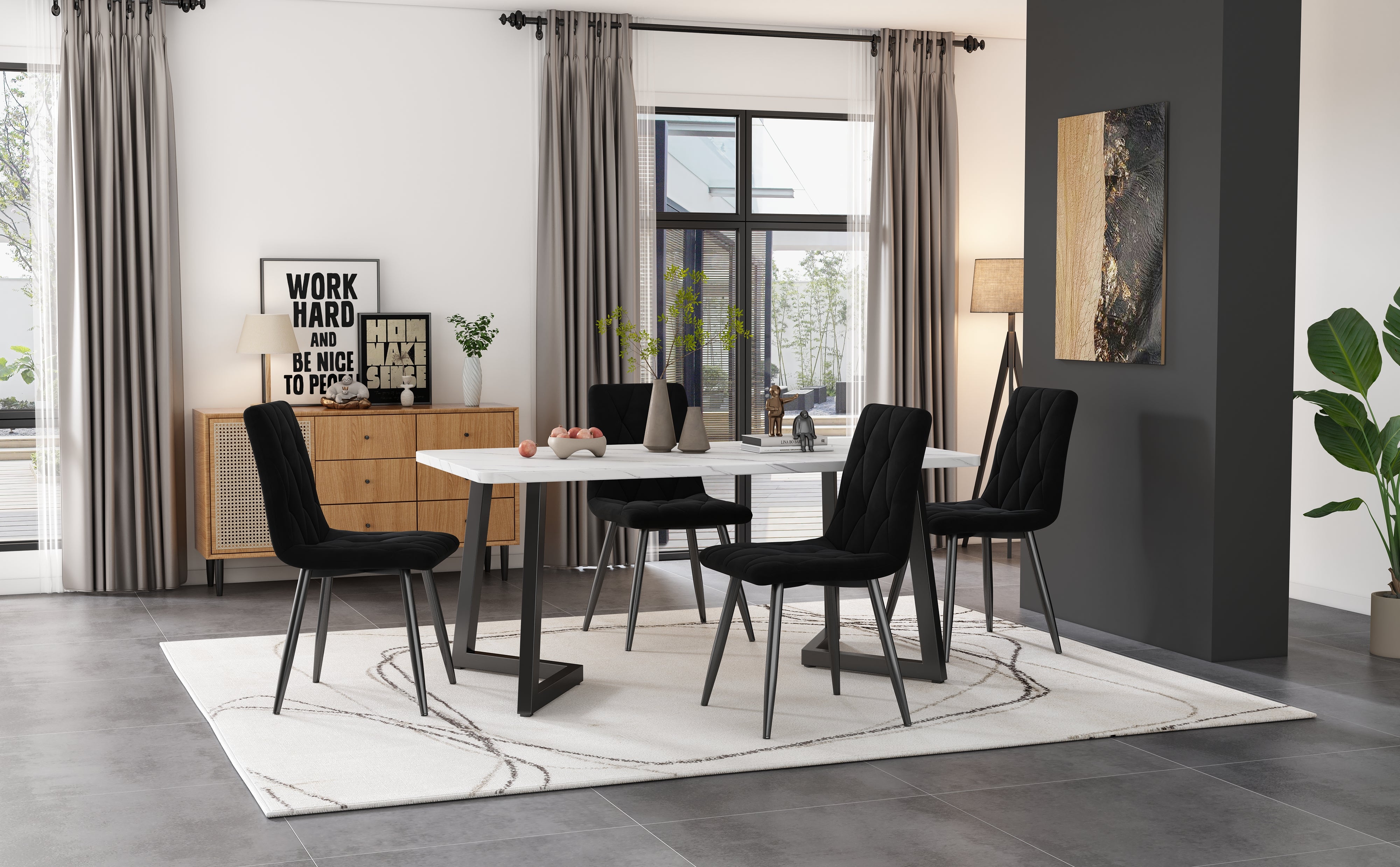 Dining Set, Rectangular Table & 4 Chairs 117x68cm Modern Kitchen, Black Twill Velvet/Black Legs