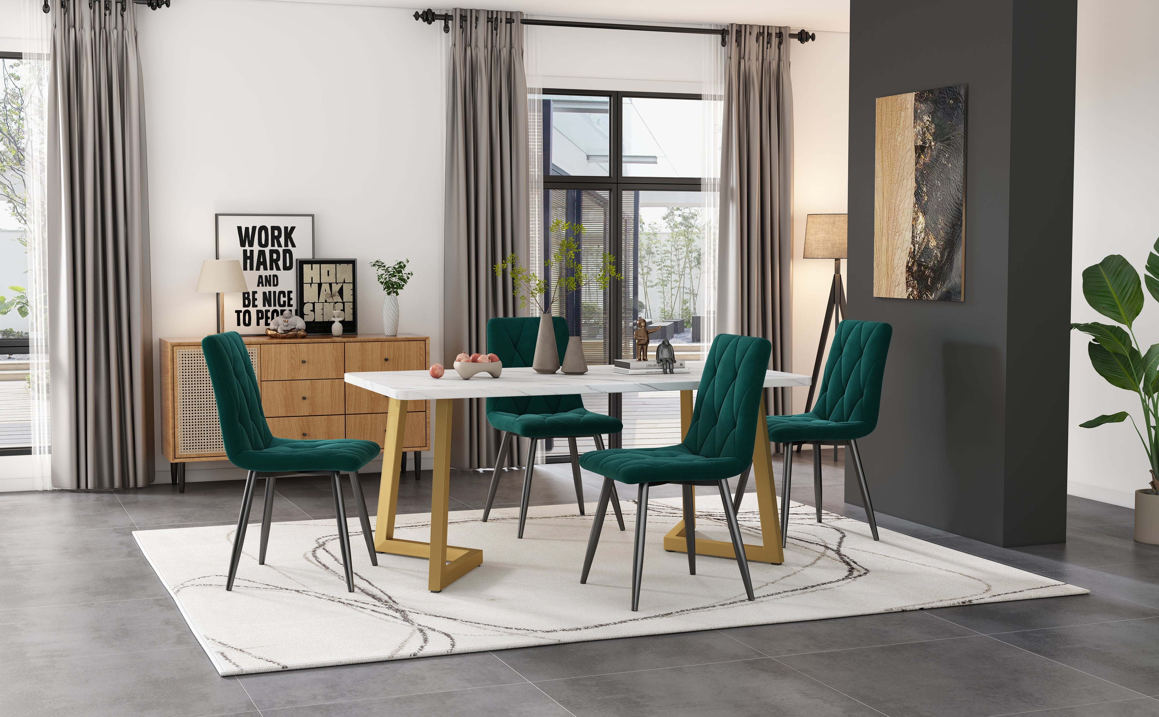 Dining Set, 117×68cm Rectangular Table with 4 Chairs, Dark Green Twill Velvet & Golden Legs