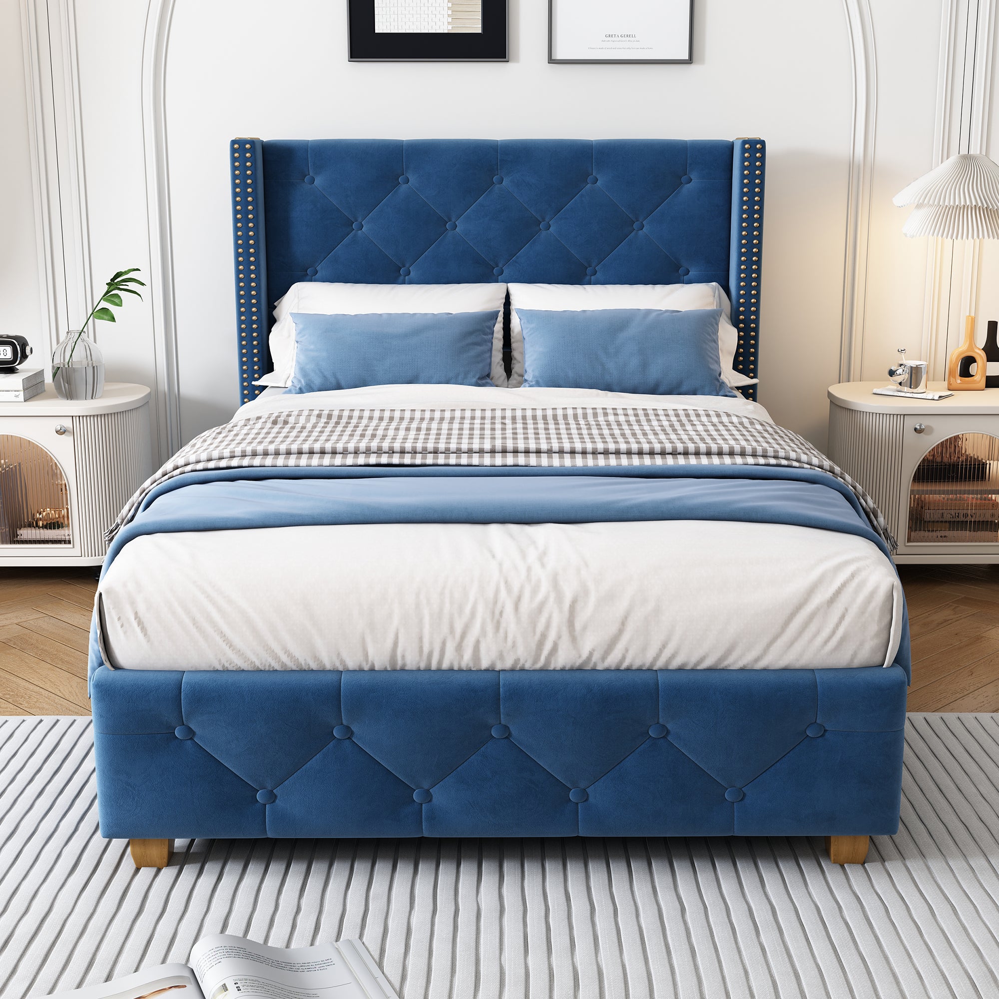 Upholstered Bed 90x200cm Slatted Frame Headboard Button Studded Upholstery Velvet Blue