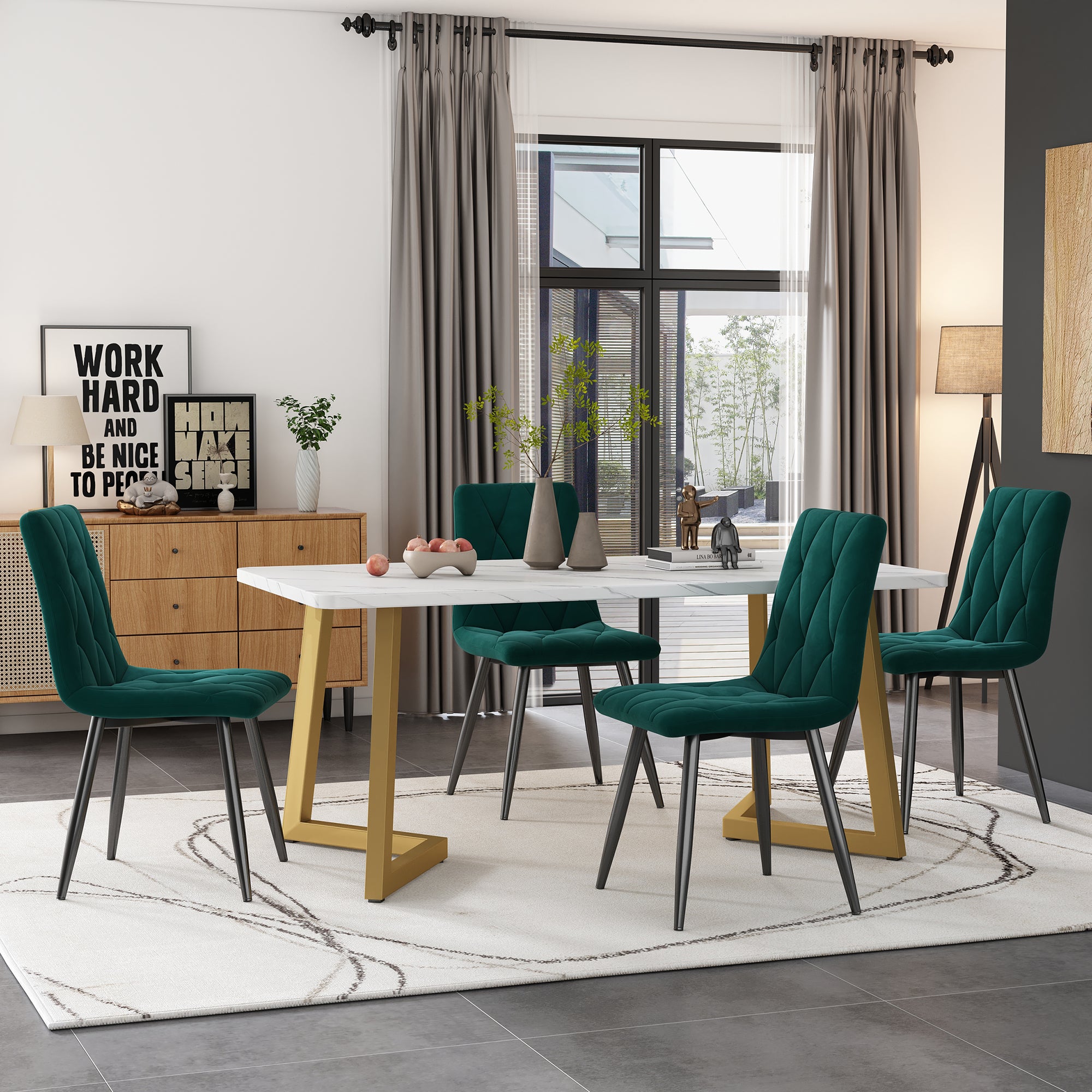 Dining Set 5-Piece Rectangular Table 117x68cm 4 Chairs Dark Green Twill Velvet Gold Legs