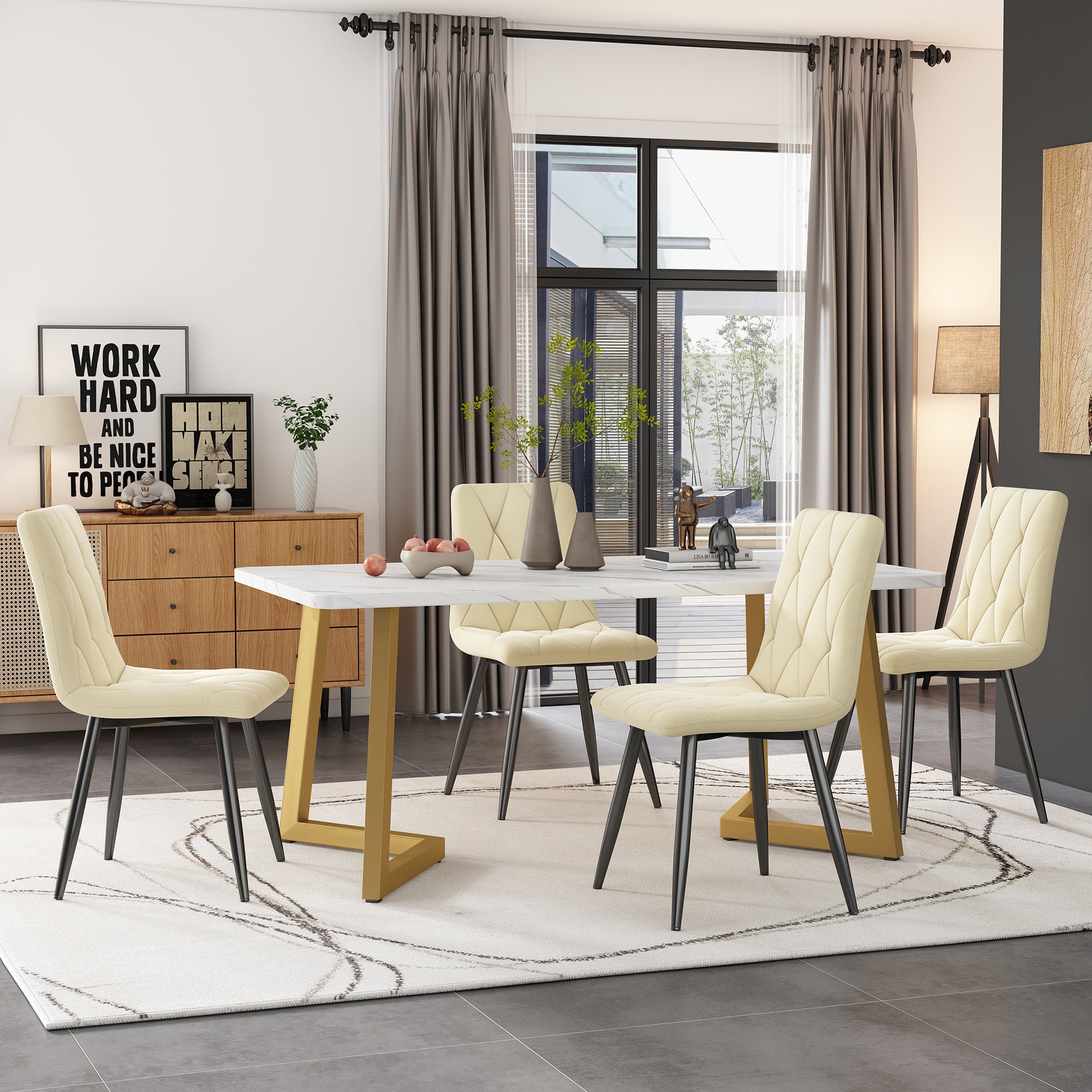 Dining Set, 117x68cm Rectangular Kitchen Table with 4 Chairs, Beige Twill Velvet, Golden Legs