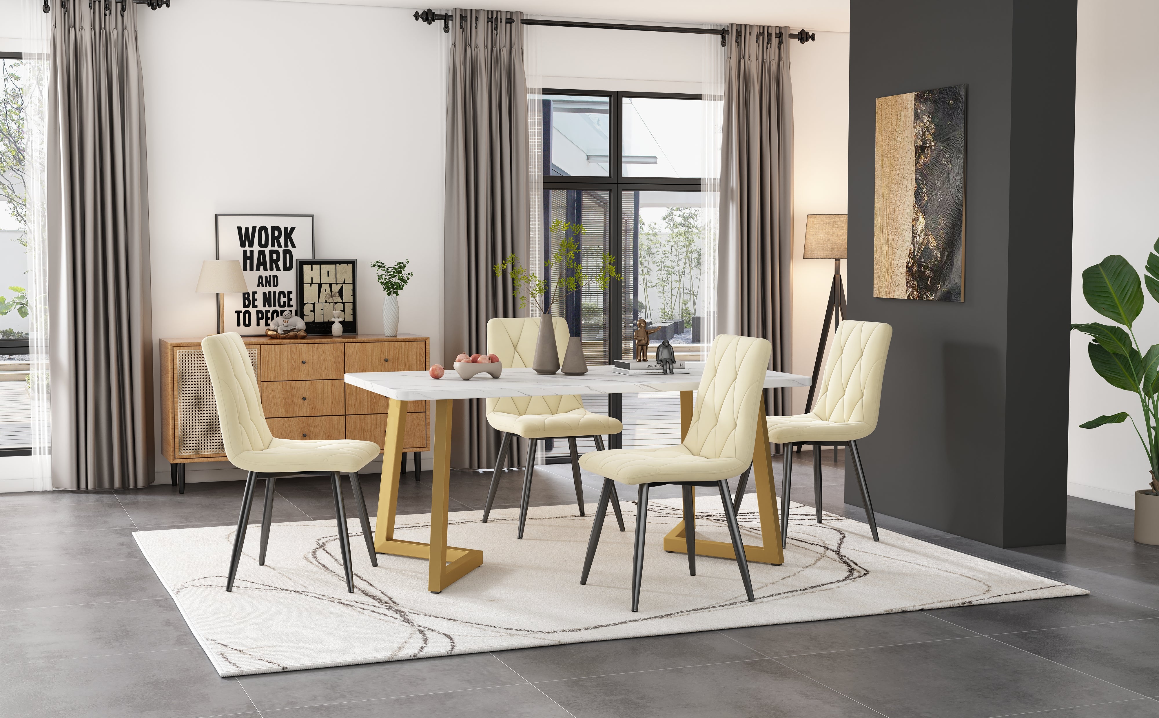 Dining Set, 117x68cm Rectangular Kitchen Table with 4 Chairs, Beige Twill Velvet, Golden Legs